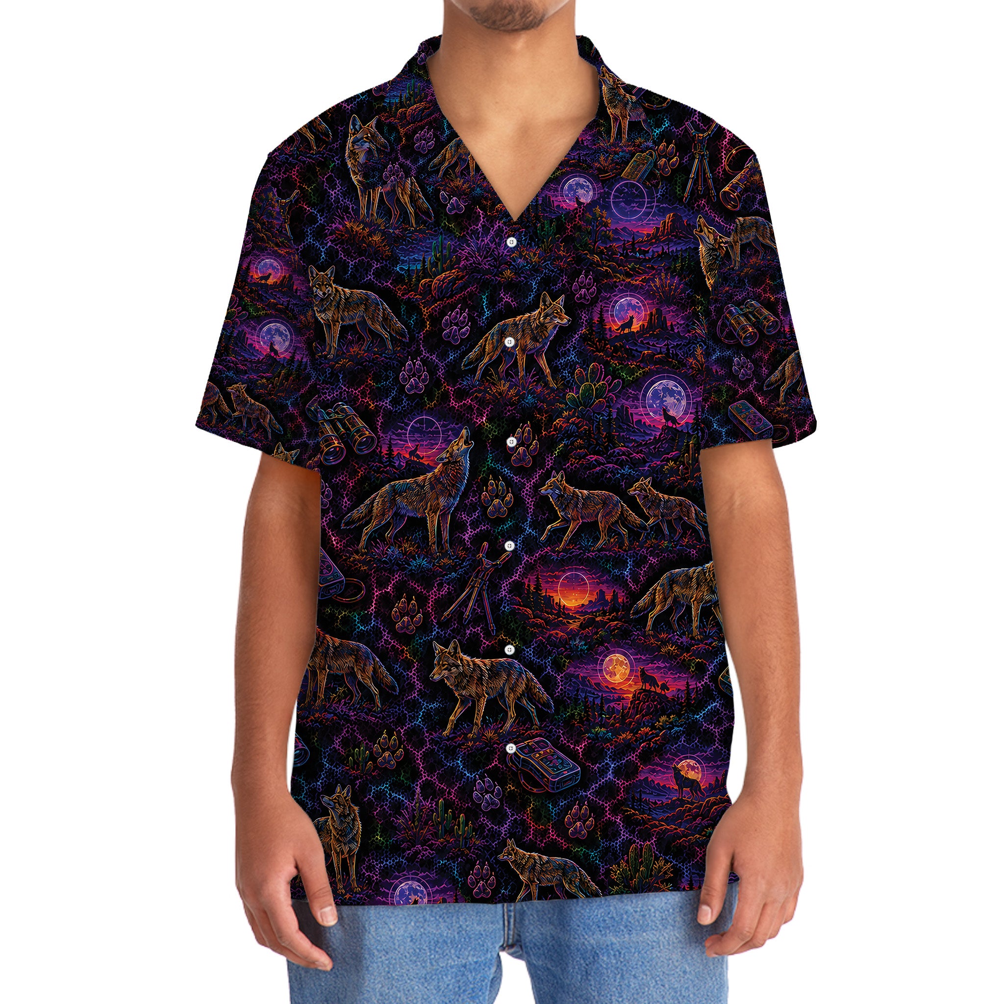 Midnight Coyote Neon Hawaiian Shirt
