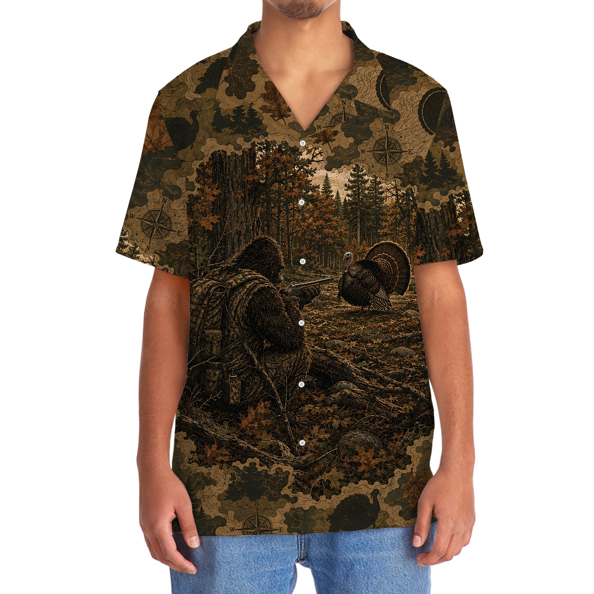 Bigfoot Wild Turkey Hunting Camouflage Funny Hawaiian Shirt