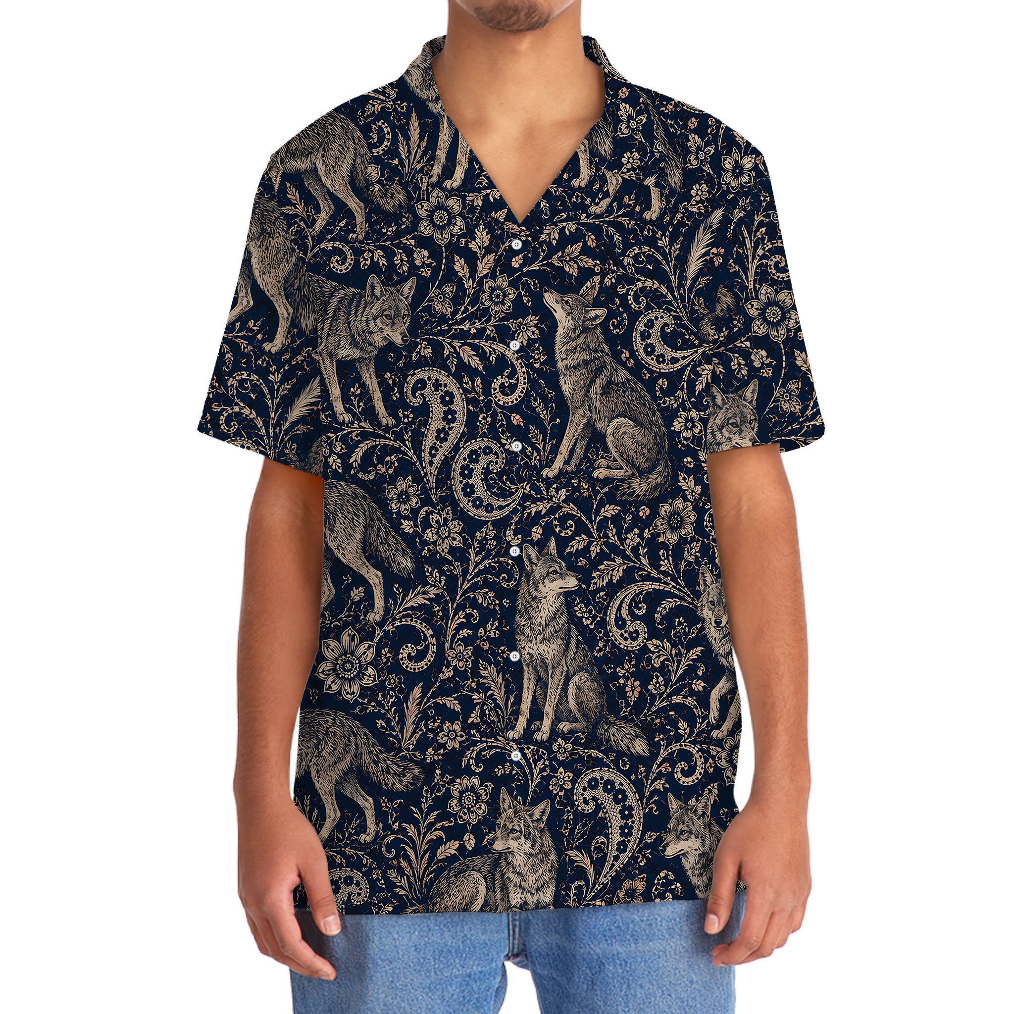 Midnight Coyote Paisley Hawaiian Shirt