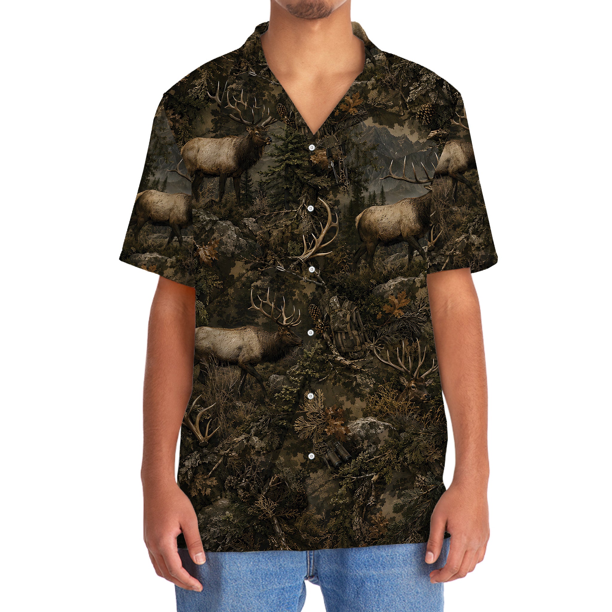 Elk Hunting Forest Camouflage Hawaiian Shirt
