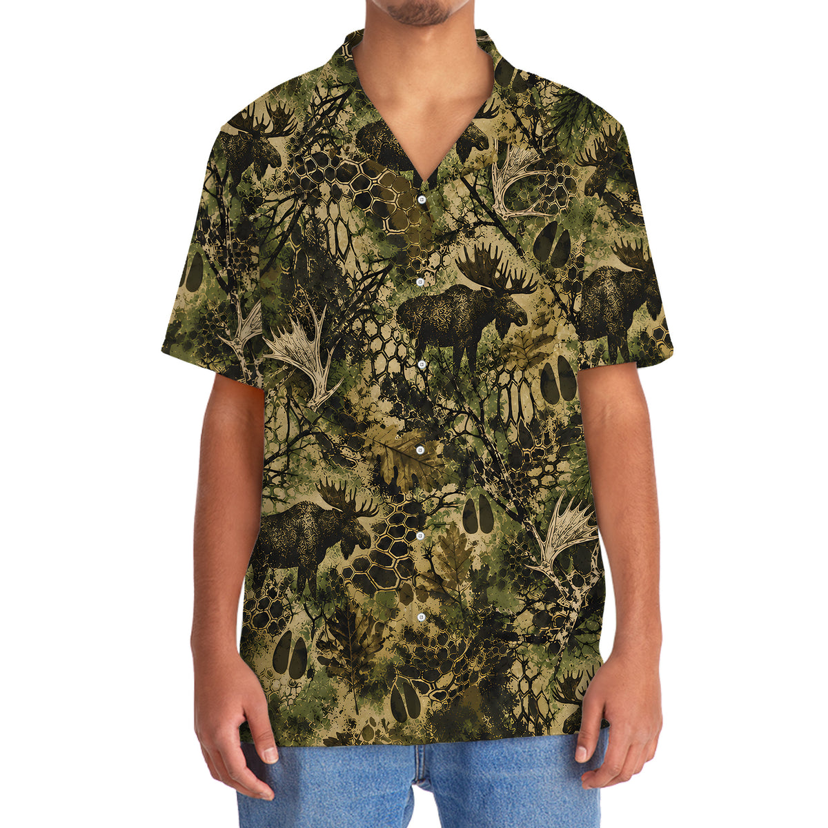 Moose Hunting Hex Camo Hawaiian Shirt