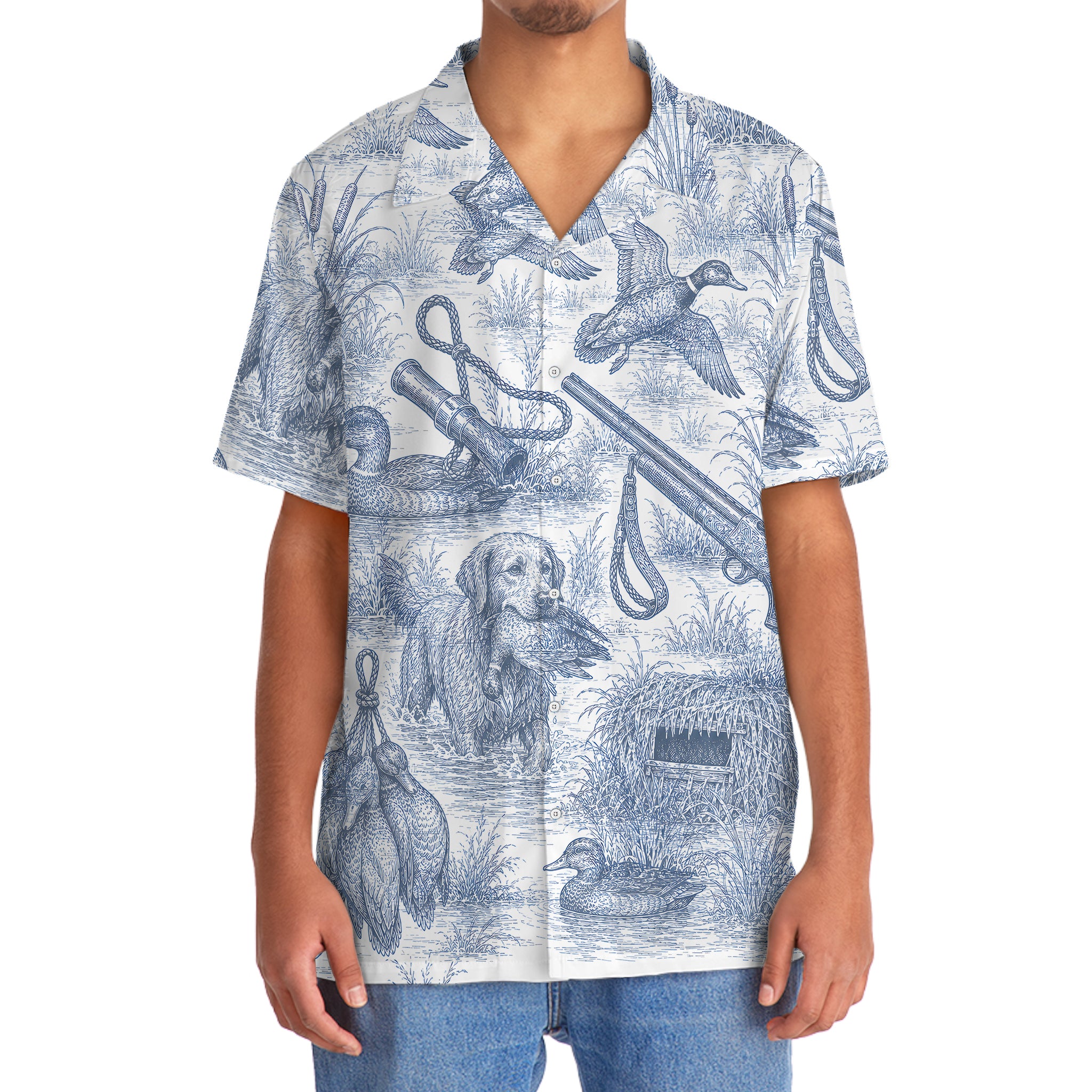Blue and White Duck Hunting Hawaiian shirt
