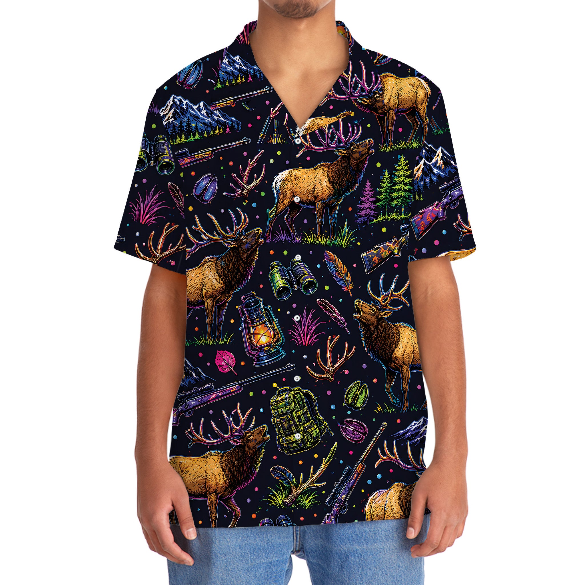 Elk Hunting Graphic Pattern Hawaiian Shirt