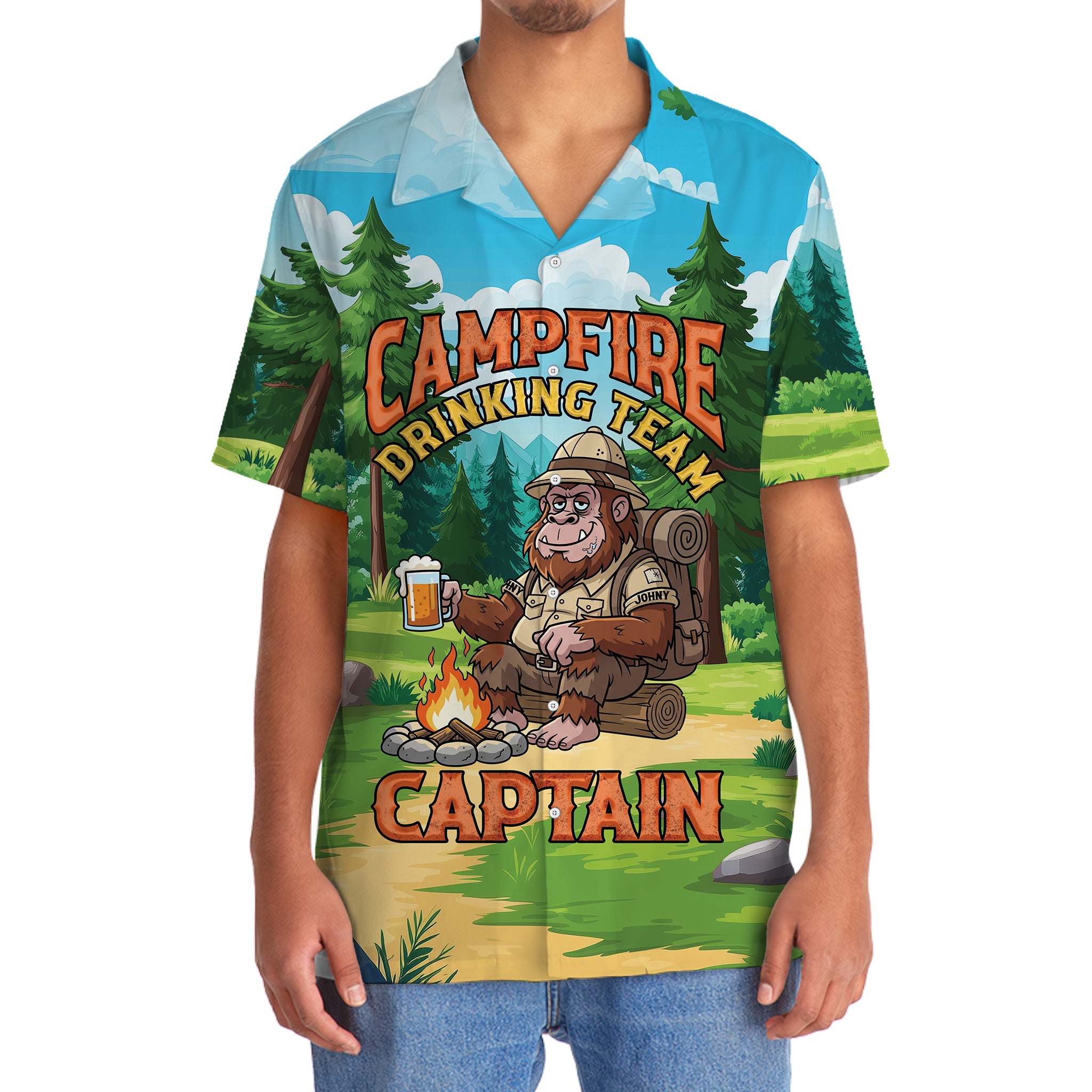 Custom Name Bigfoot Campfire Drinking Team Captain Hawaiian Shirt
