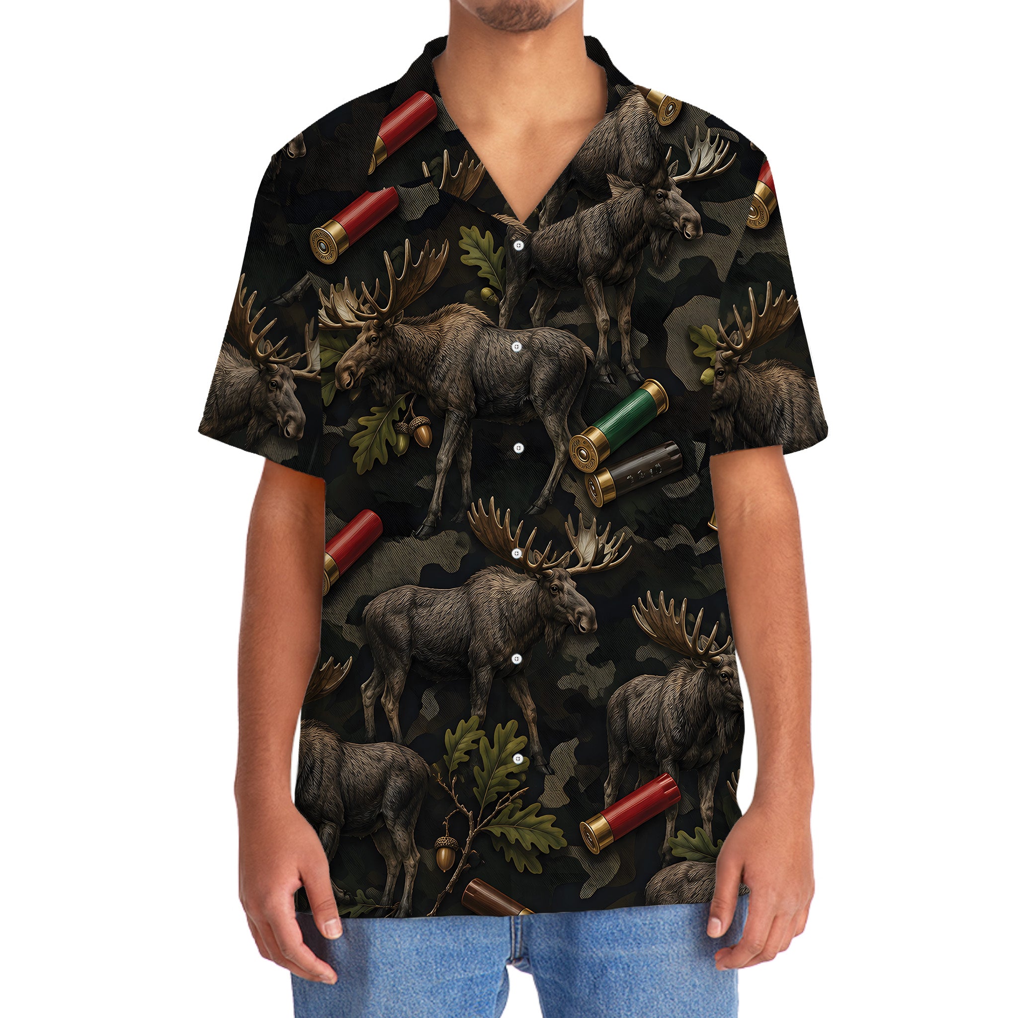 Vintage Moose Hunting Camouflage Black Hawaiian Shirt