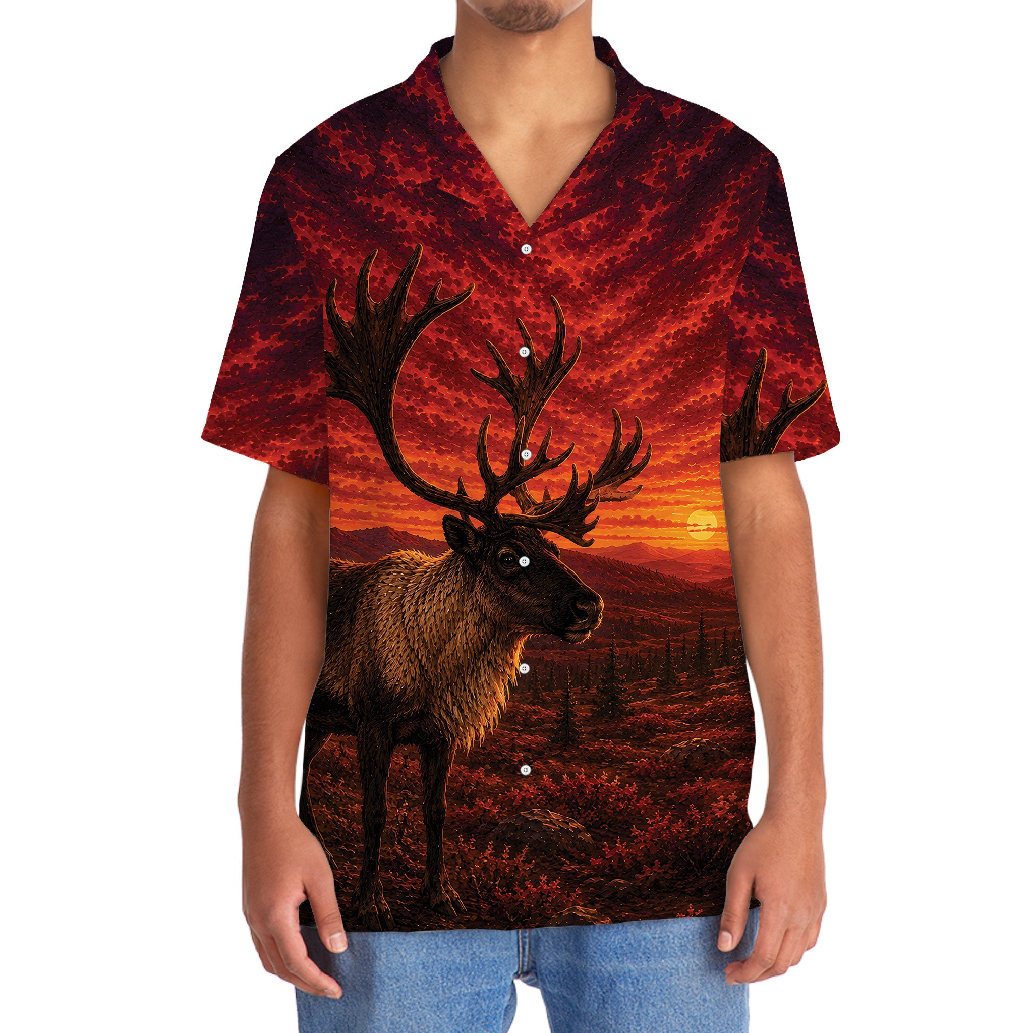 Caribou Hunting Burnt Sky Hawaiian Shirt