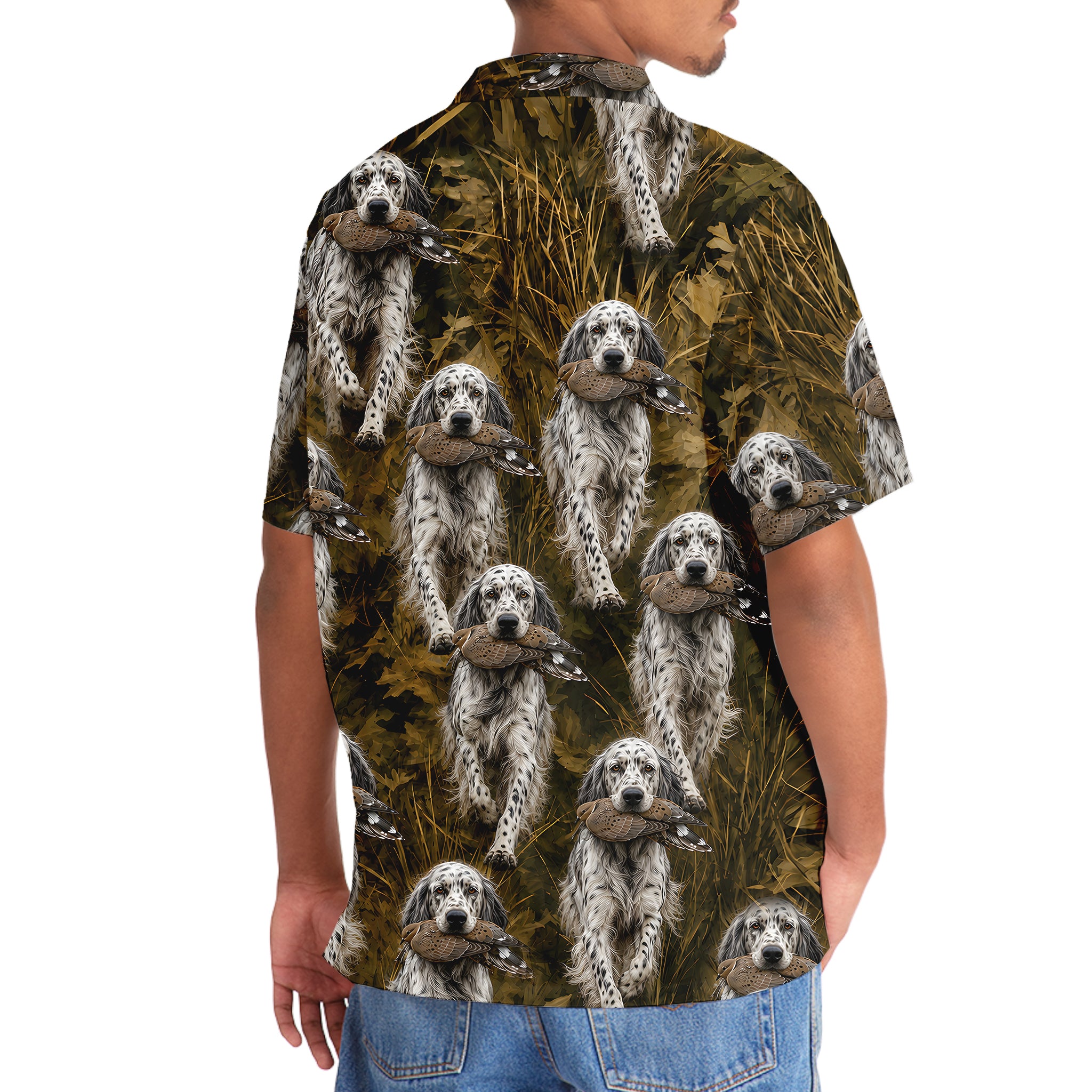 Camouflage English Setter Running With Mourning Dove Hawaiian Shirt