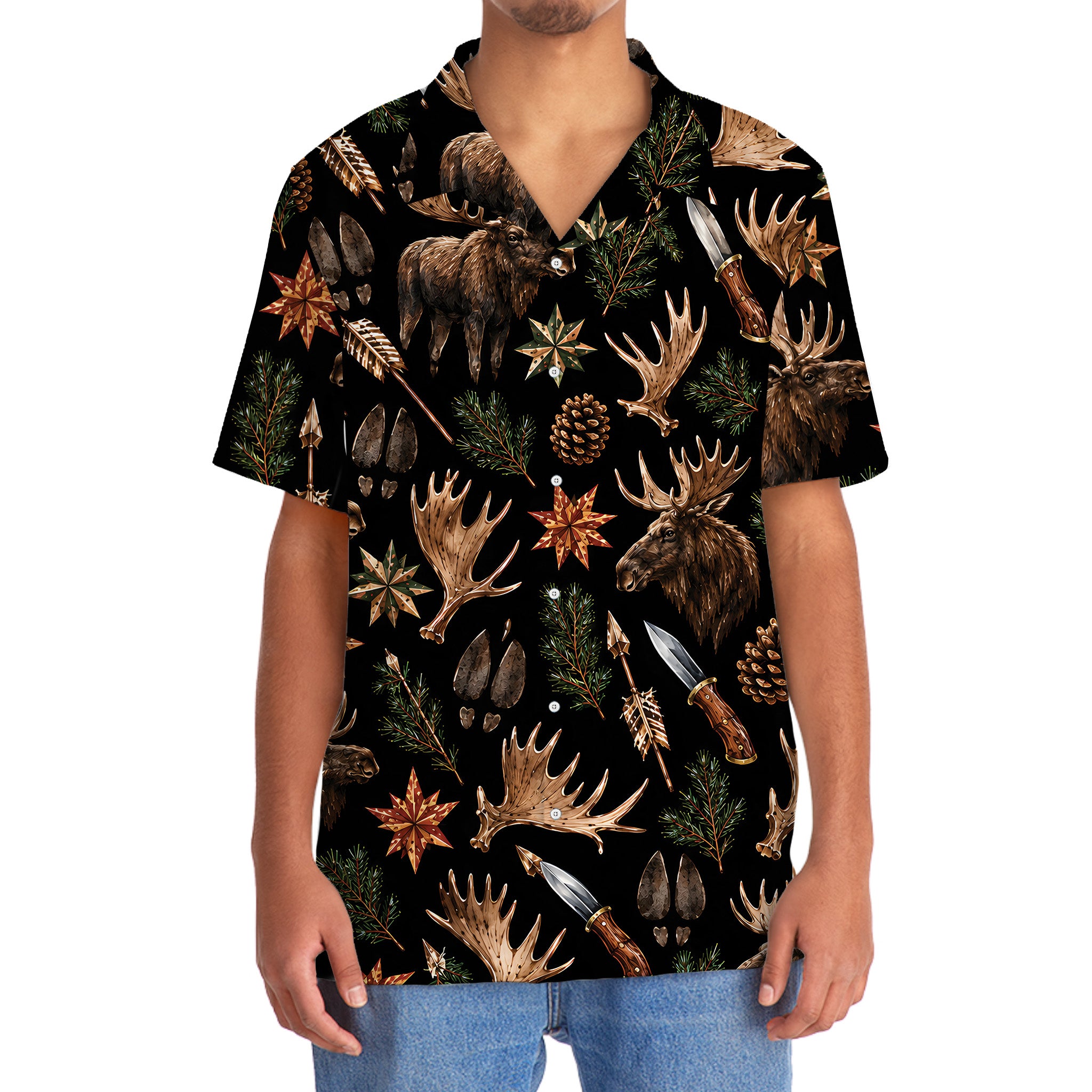 Moose Hunting Retro Black Hawaiian Shirt