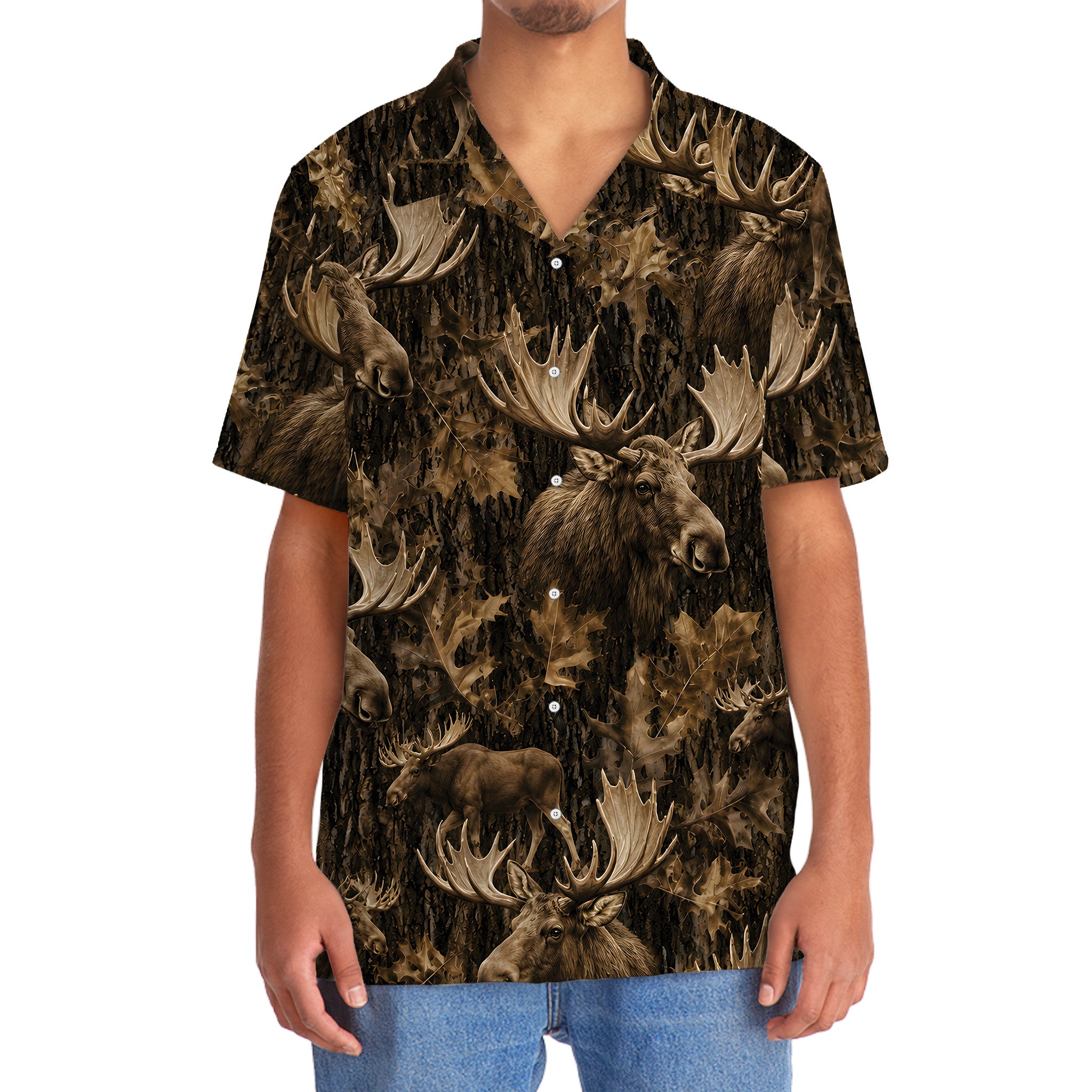 Vintage Moose Art Camo Hawaiian Shirt