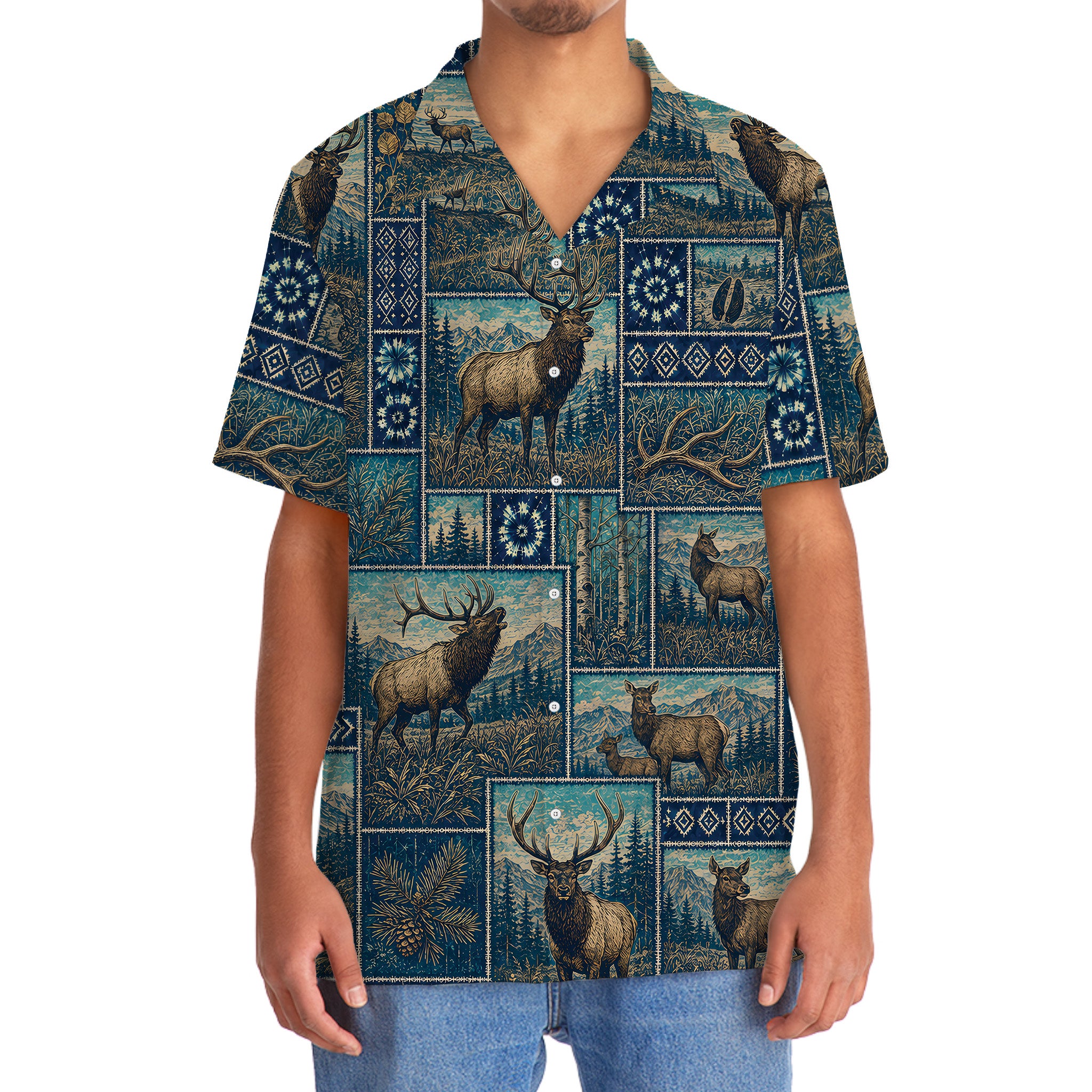Vintage Blue Elk Hunting Hawaiian Shirt