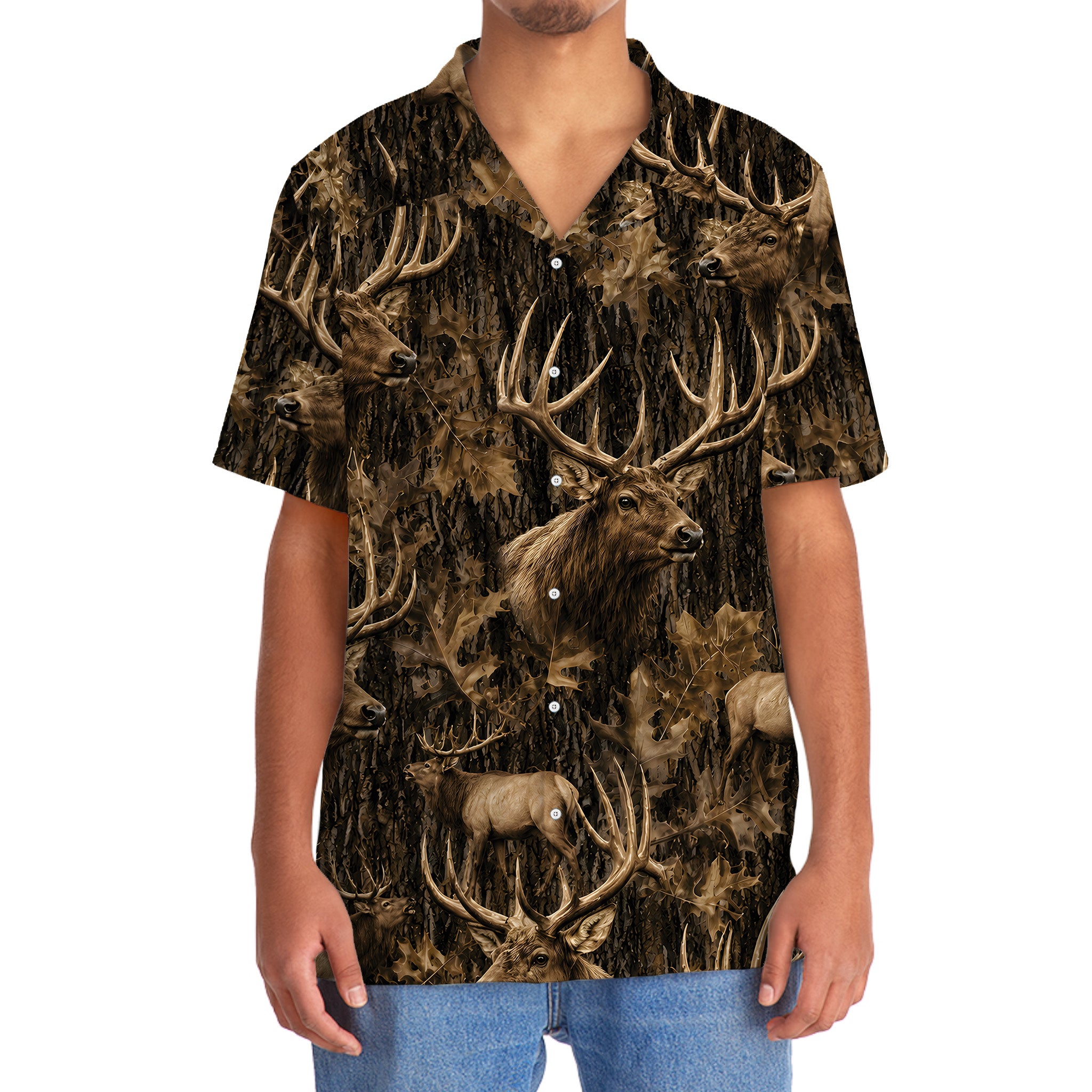 Vintage Elk Art Camo Hawaiian Shirt