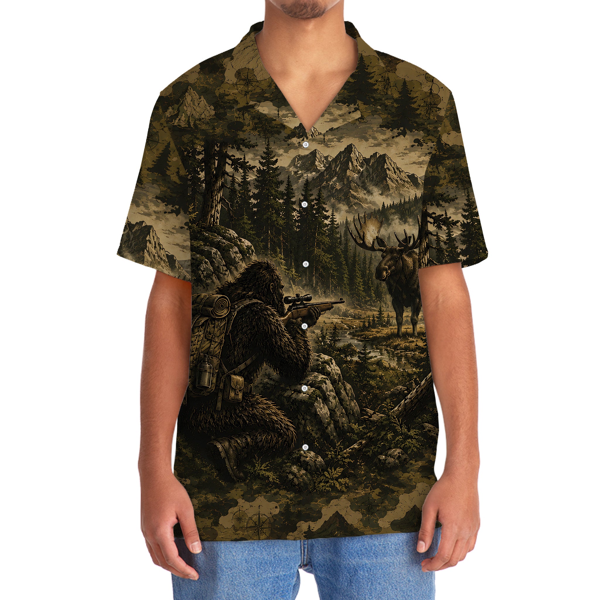 Bigfoot Moose Hunting Camouflage Funny Hawaiian Shirt