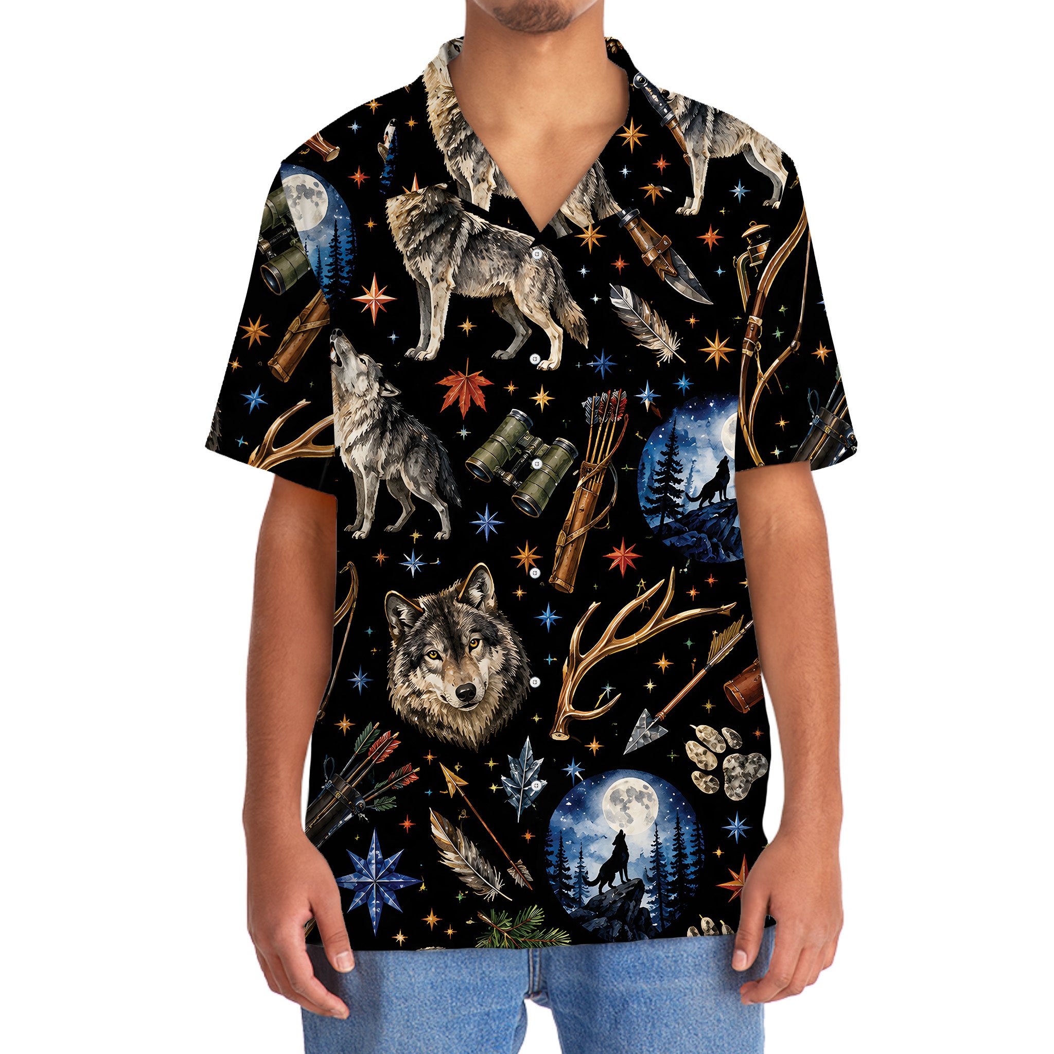 Wolf Hunting Retro Black Hawaiian Shirt