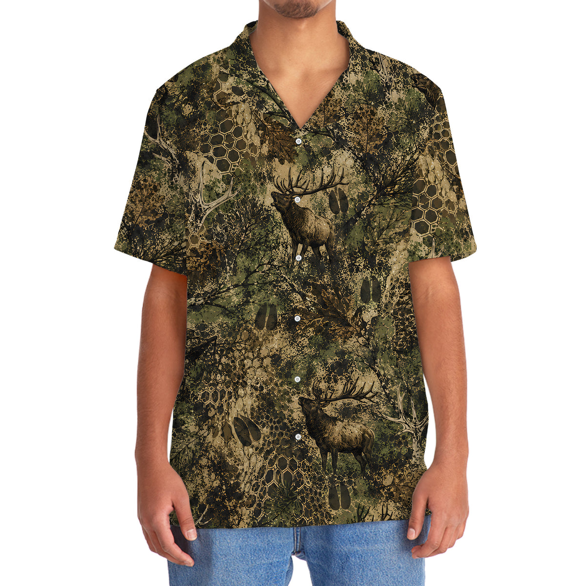 Elk Hunting Hex Camo Hawaiian Shirt