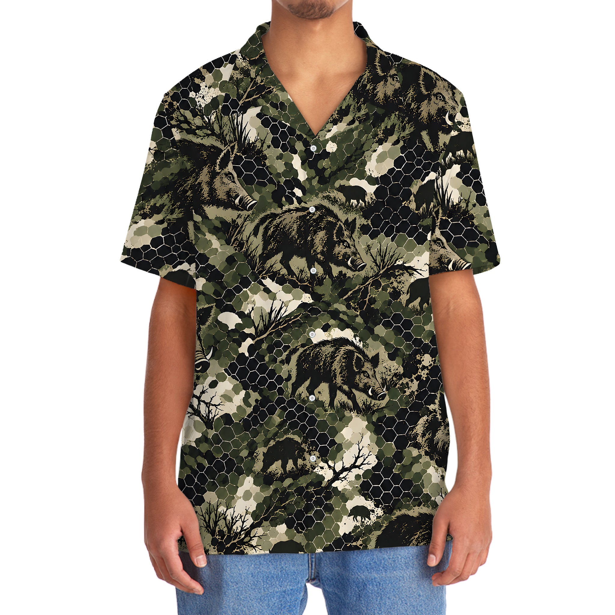 Tactical Hexagonal Wild Hog Hunting Camo Hawaiian Shirt