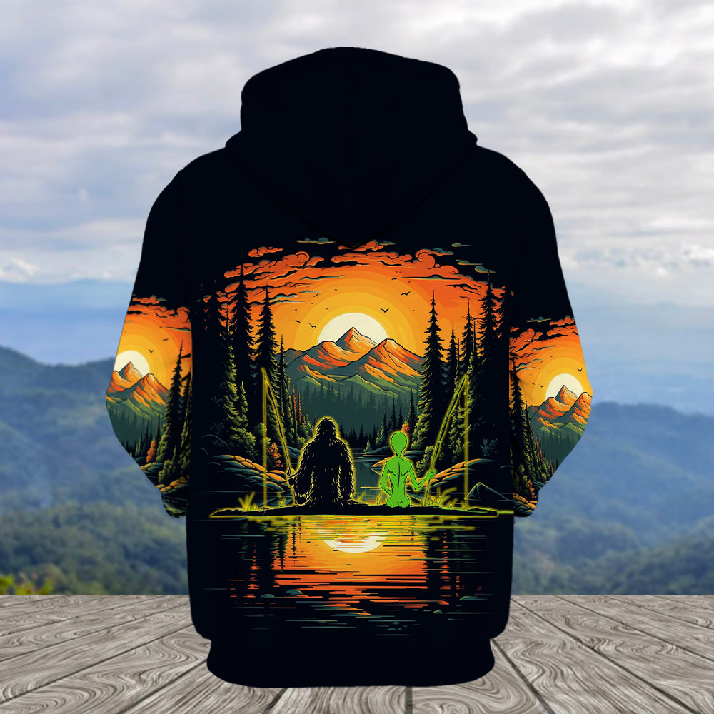 Bigfoot And Alien Fishing Night All Over Print Shirt