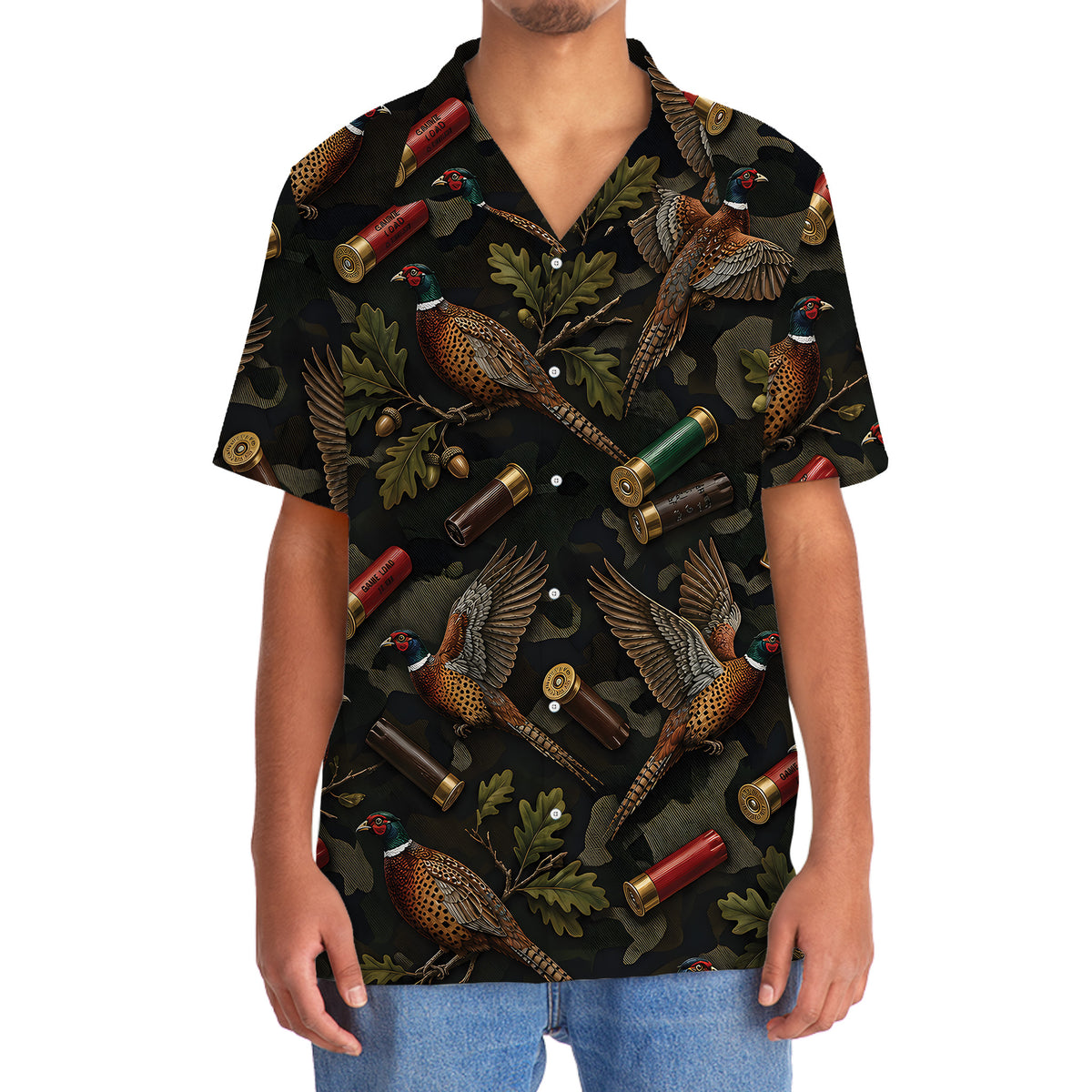 Vintage Pheasant Hunting Camouflage Black Hawaiian Shirt