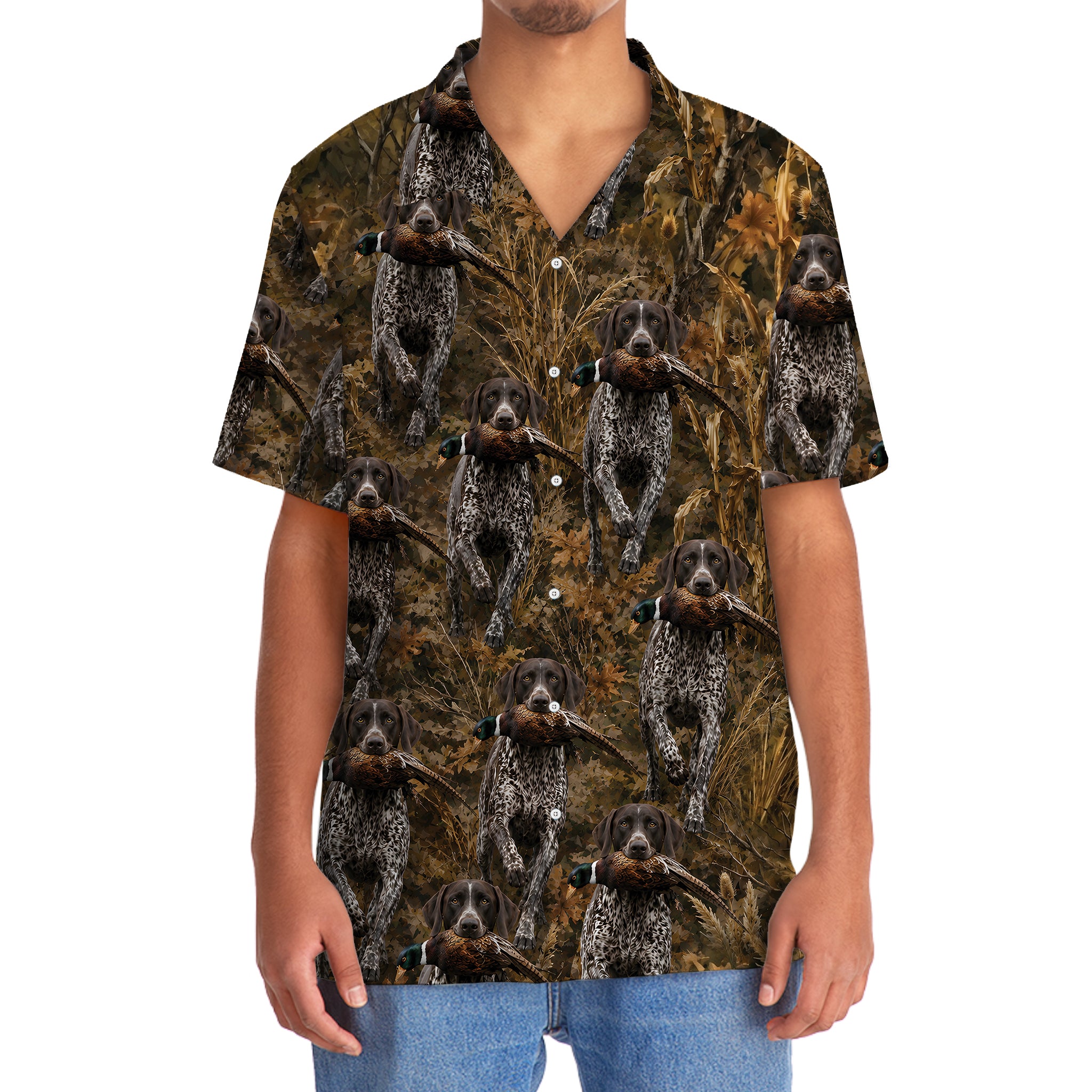 Camouflage German Shorthaired Pointer Running With Pheasant Hunting Hawaiian Shirt