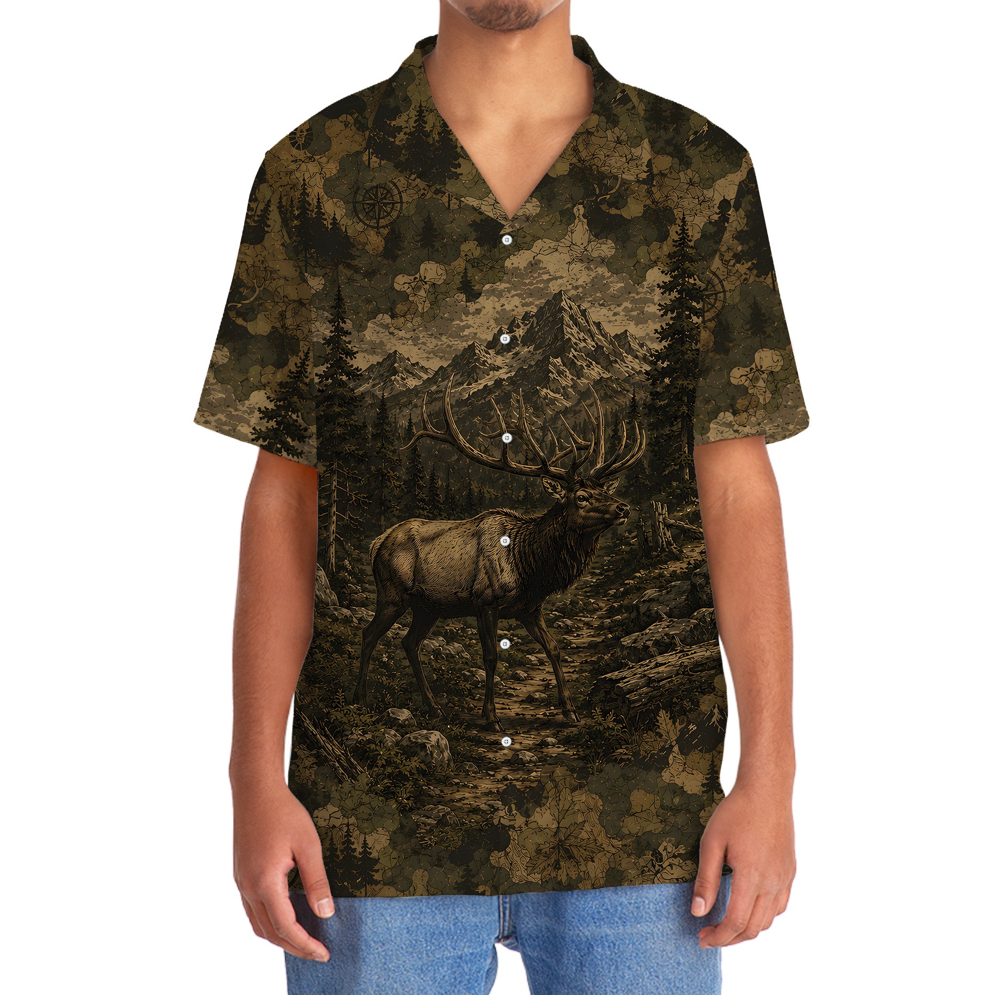 Elk Forest Camouflage Dark Hawaiian Shirt