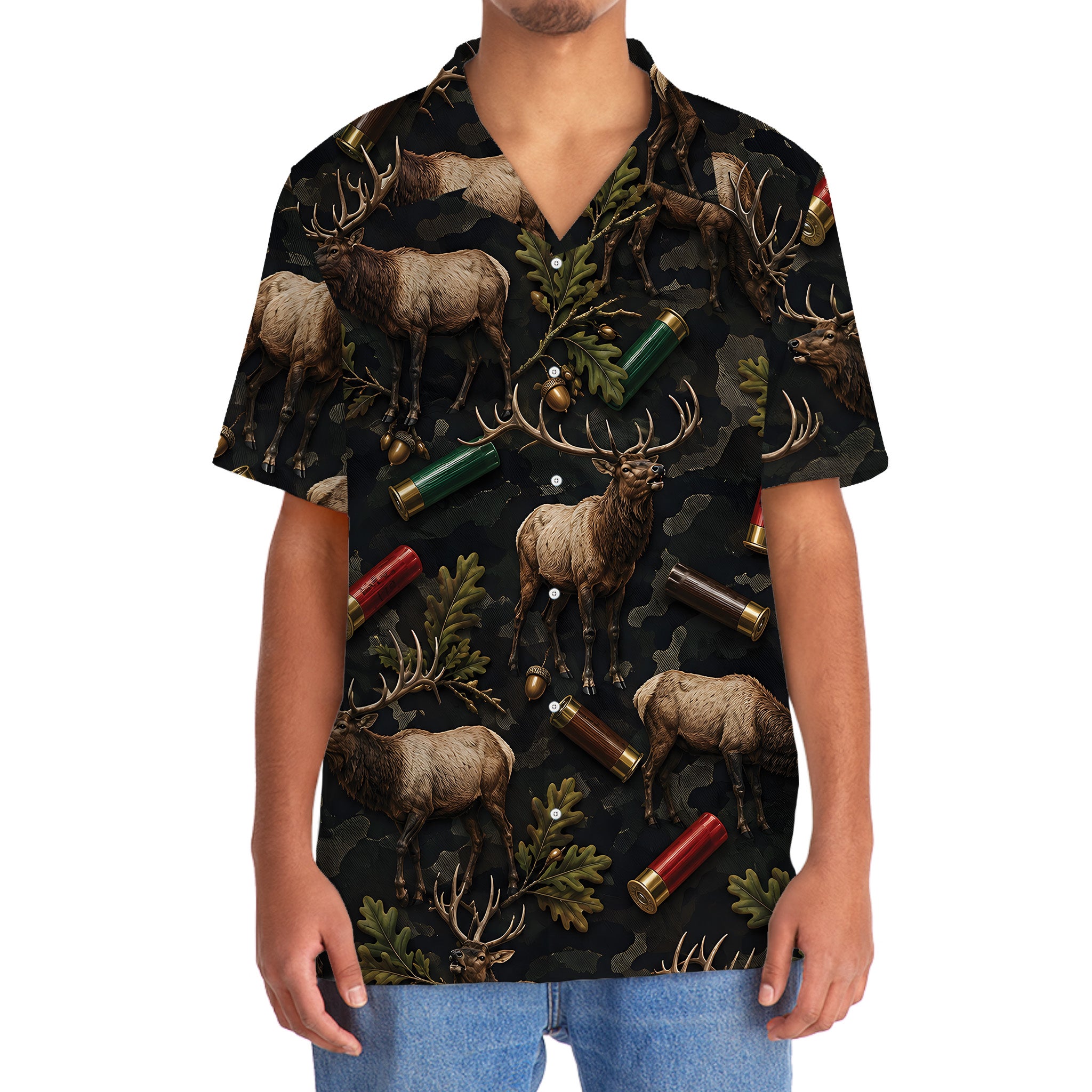Vintage Elk Hunting Camouflage Black Hawaiian Shirt