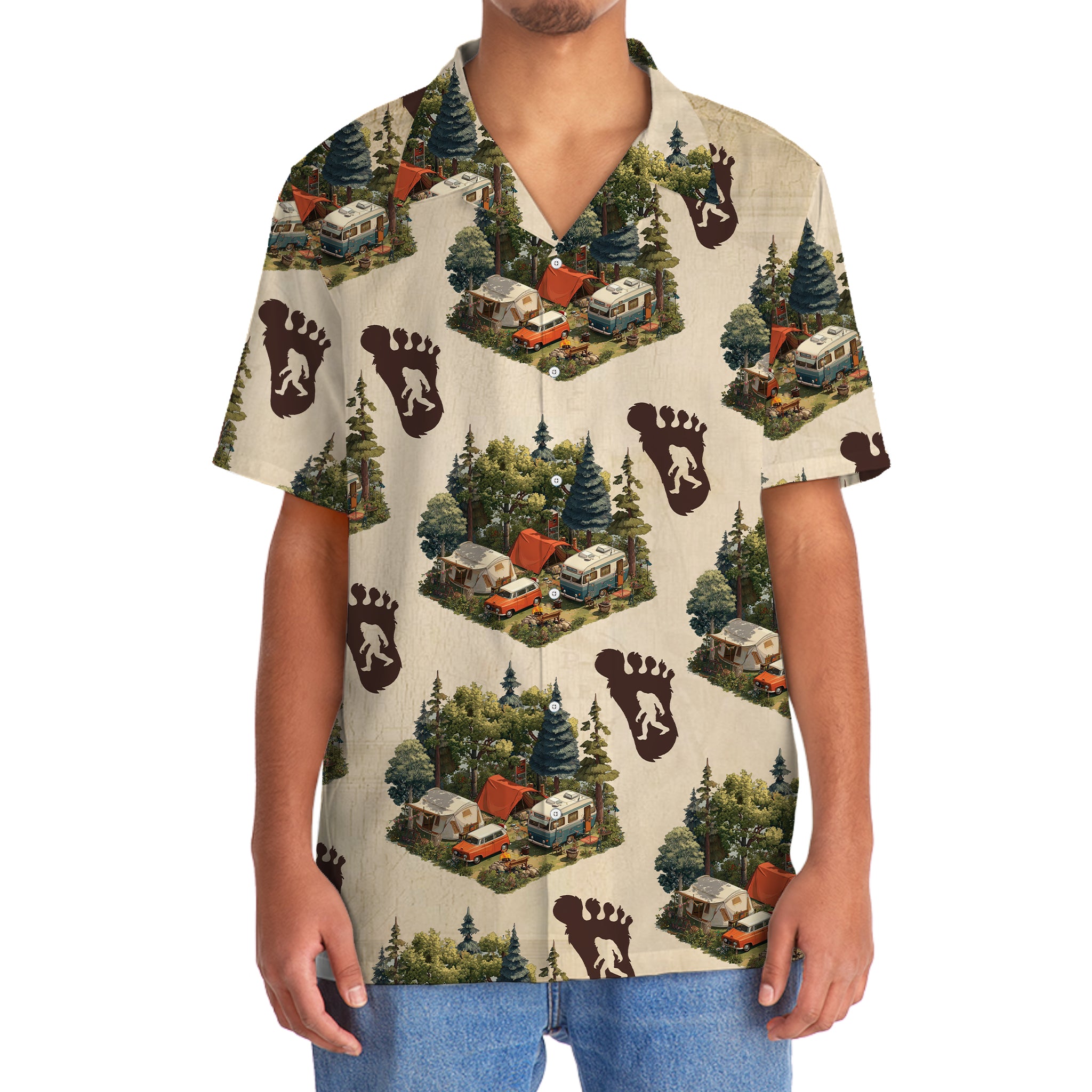 Retro Camping with Bigfoot Tracks Hawaiian Shirt