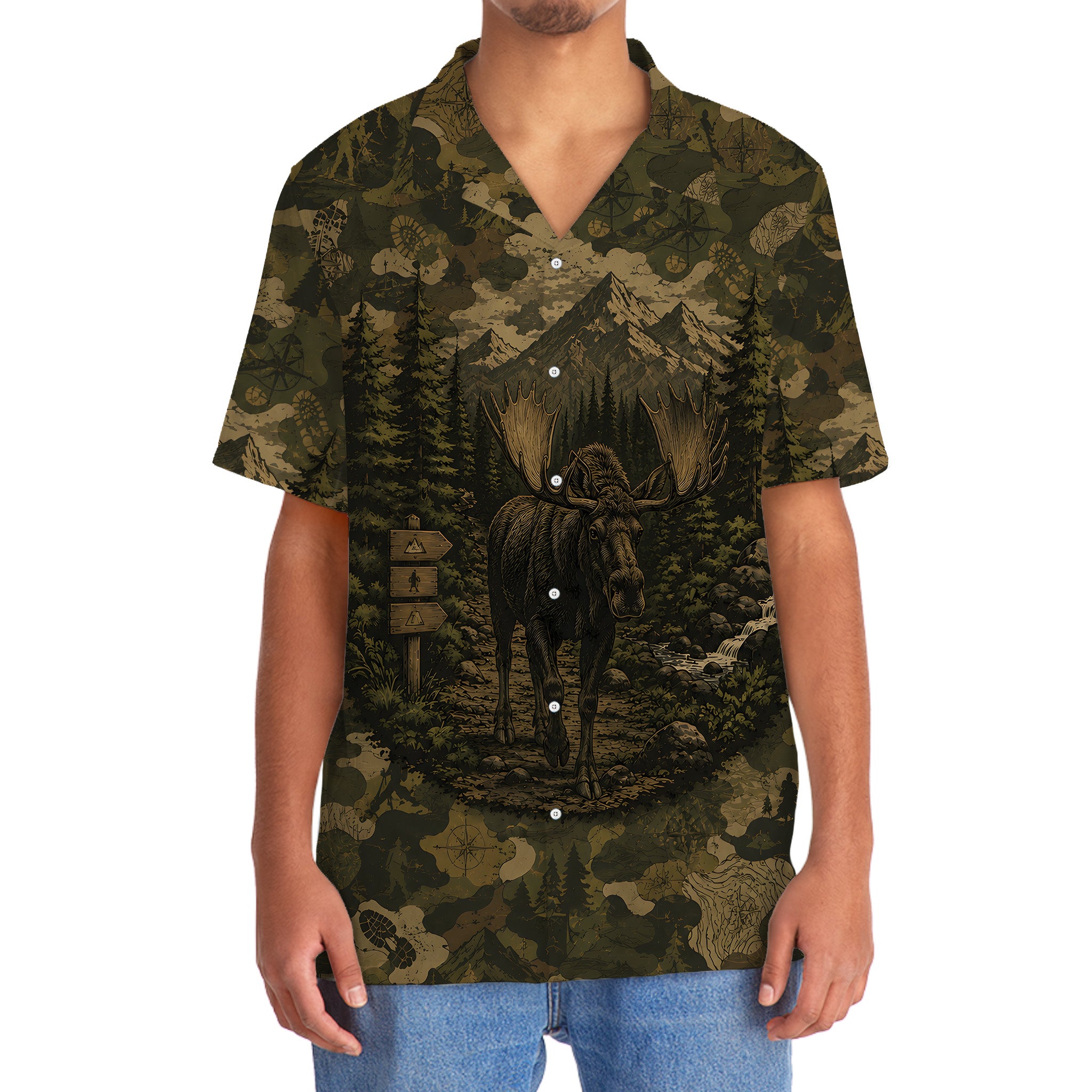 Moose Forest Camouflage Dark Hawaiian Shirt