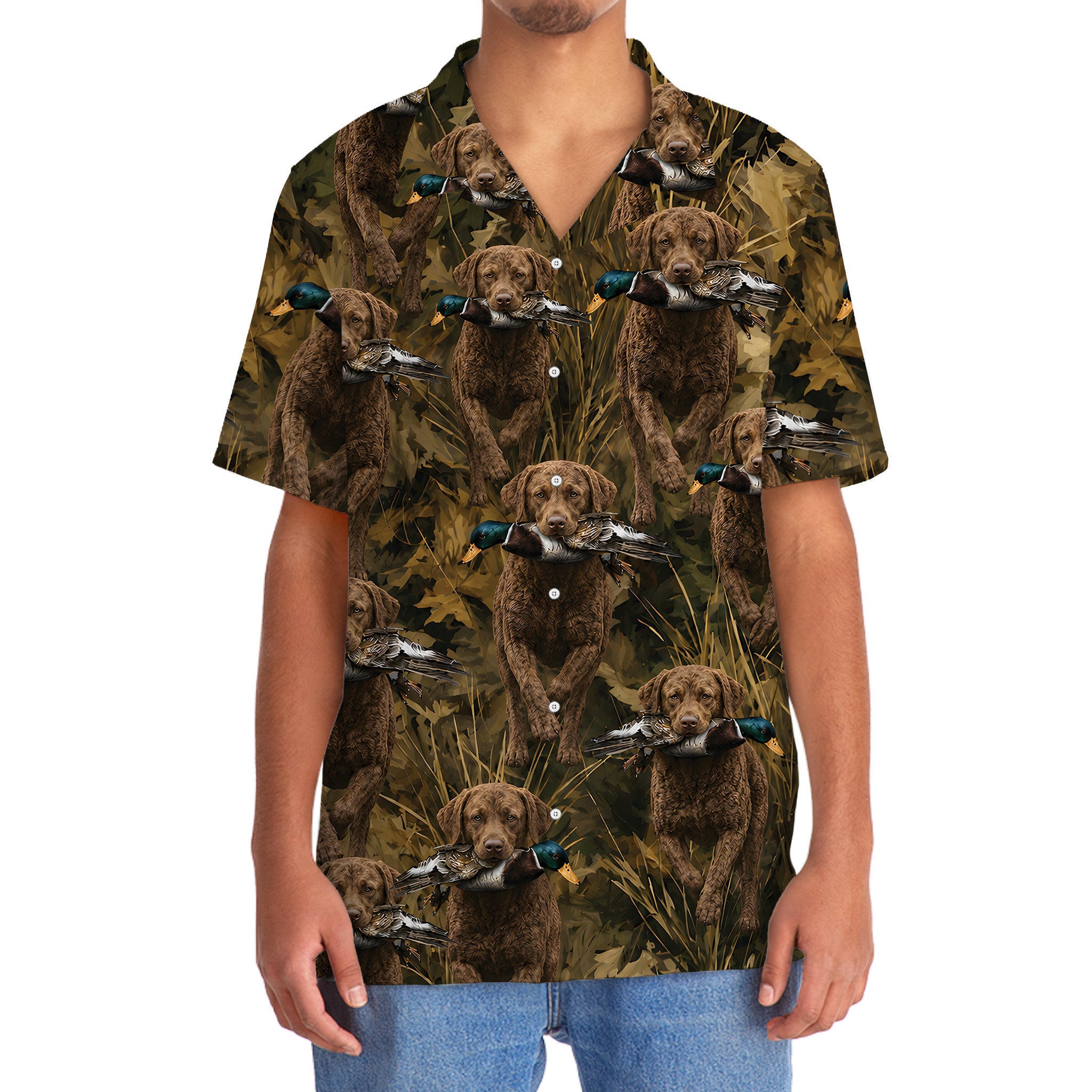Camouflage Chesapeake Bay Retriever Running With Mallard Duck Hawaiian Shirt