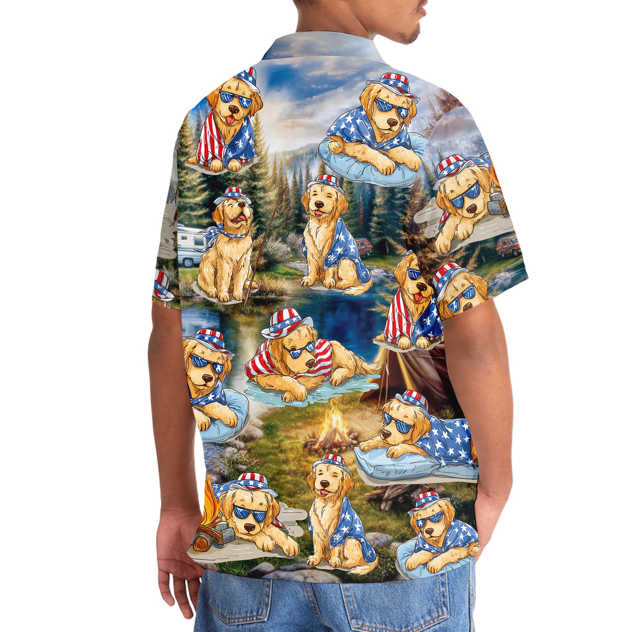 America Funny Golden Retriever Camping Hawaiian Shirt