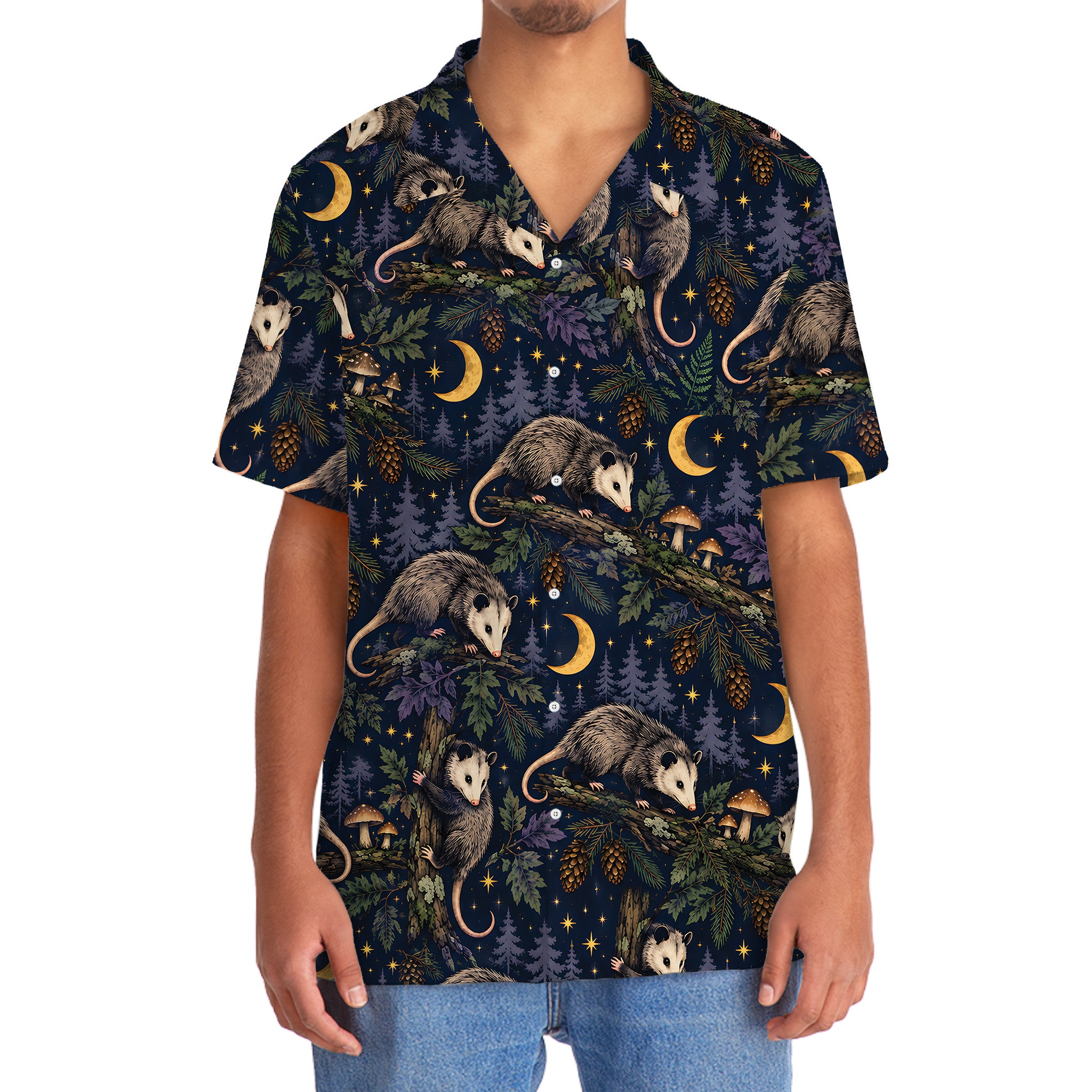 Moonlit Opossum Forest Pattern Hawaiian Shirt