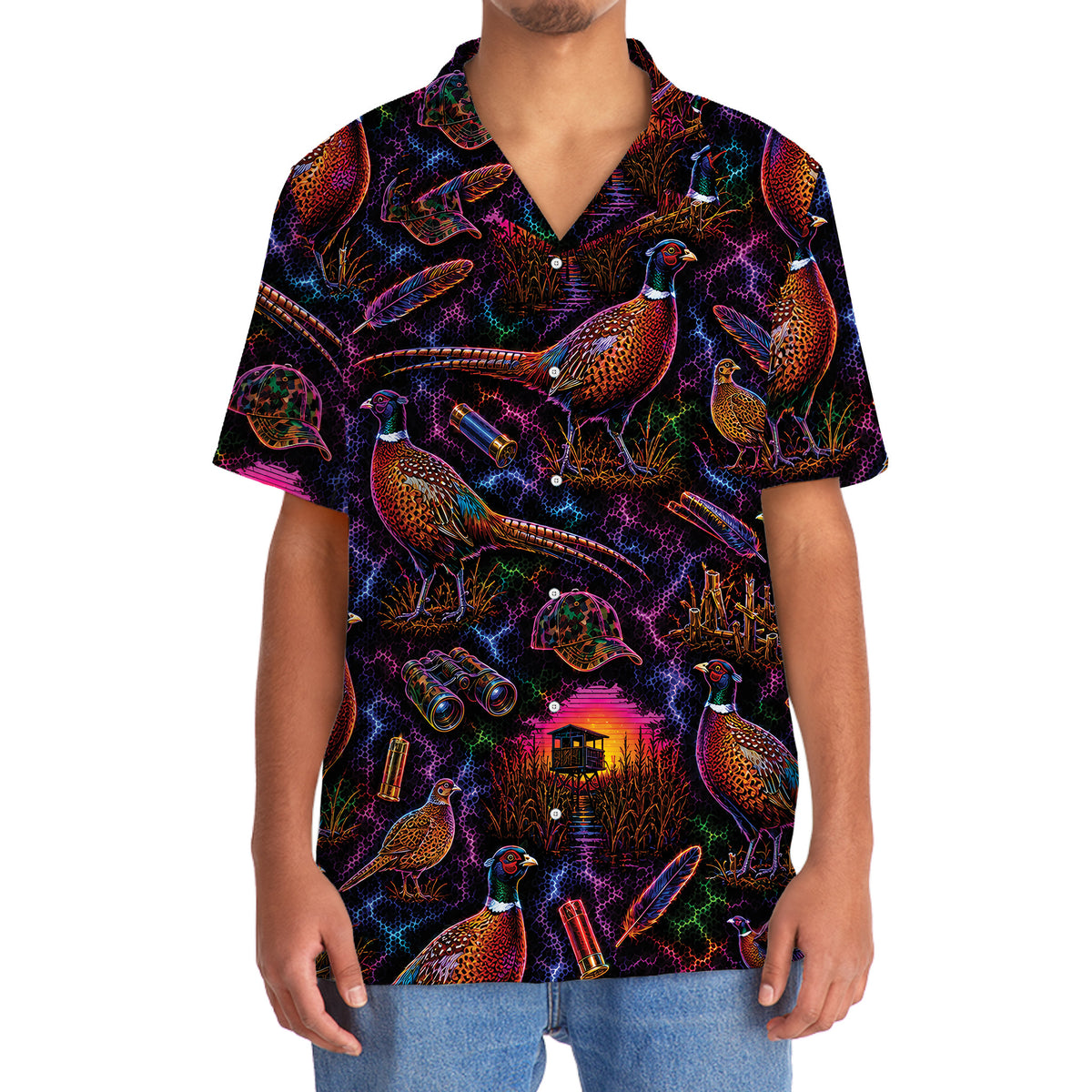 Midnight Wild Pheasant Hunting Neon Hawaiian Shirt