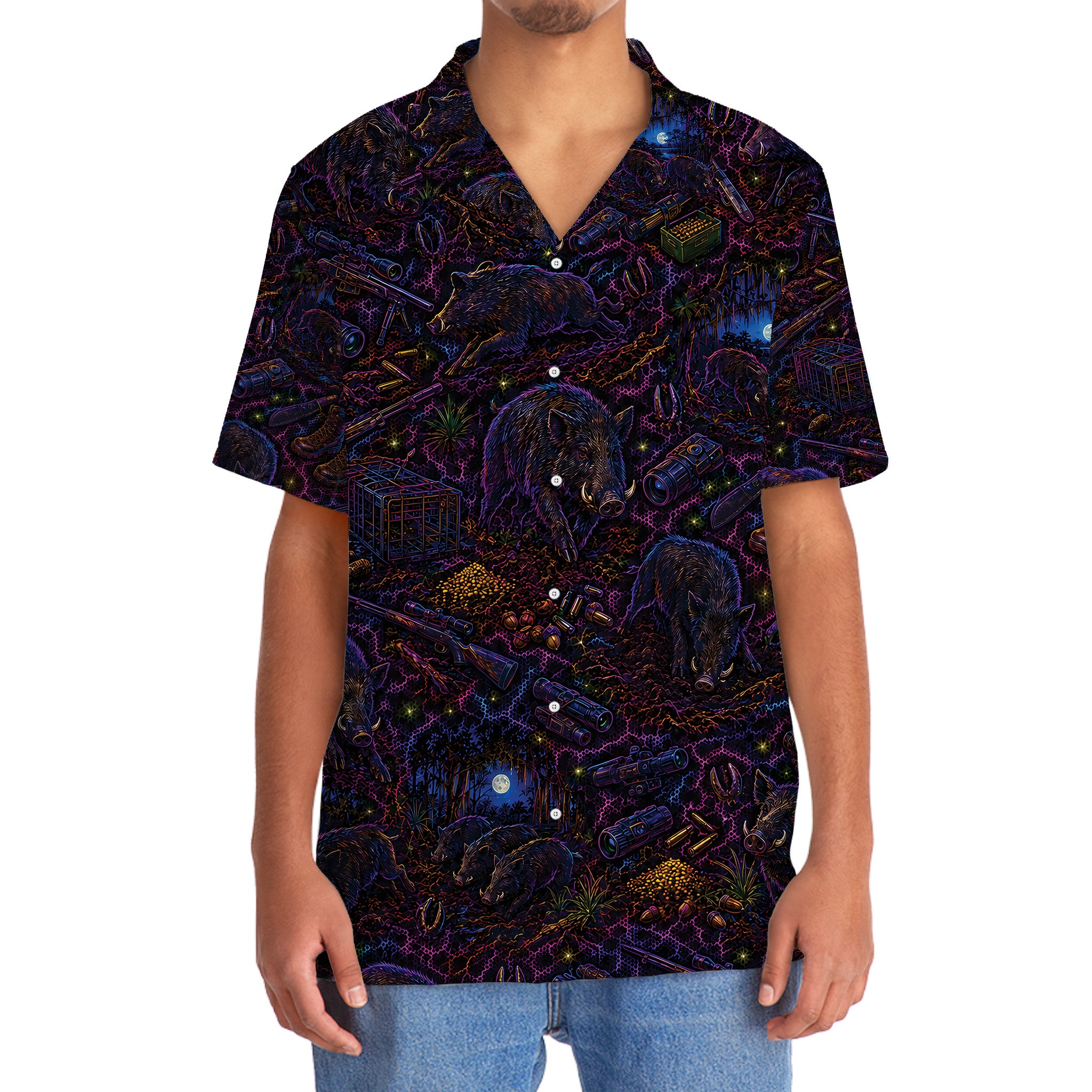 Midnight Feral Hog Neon Hawaiian Shirt