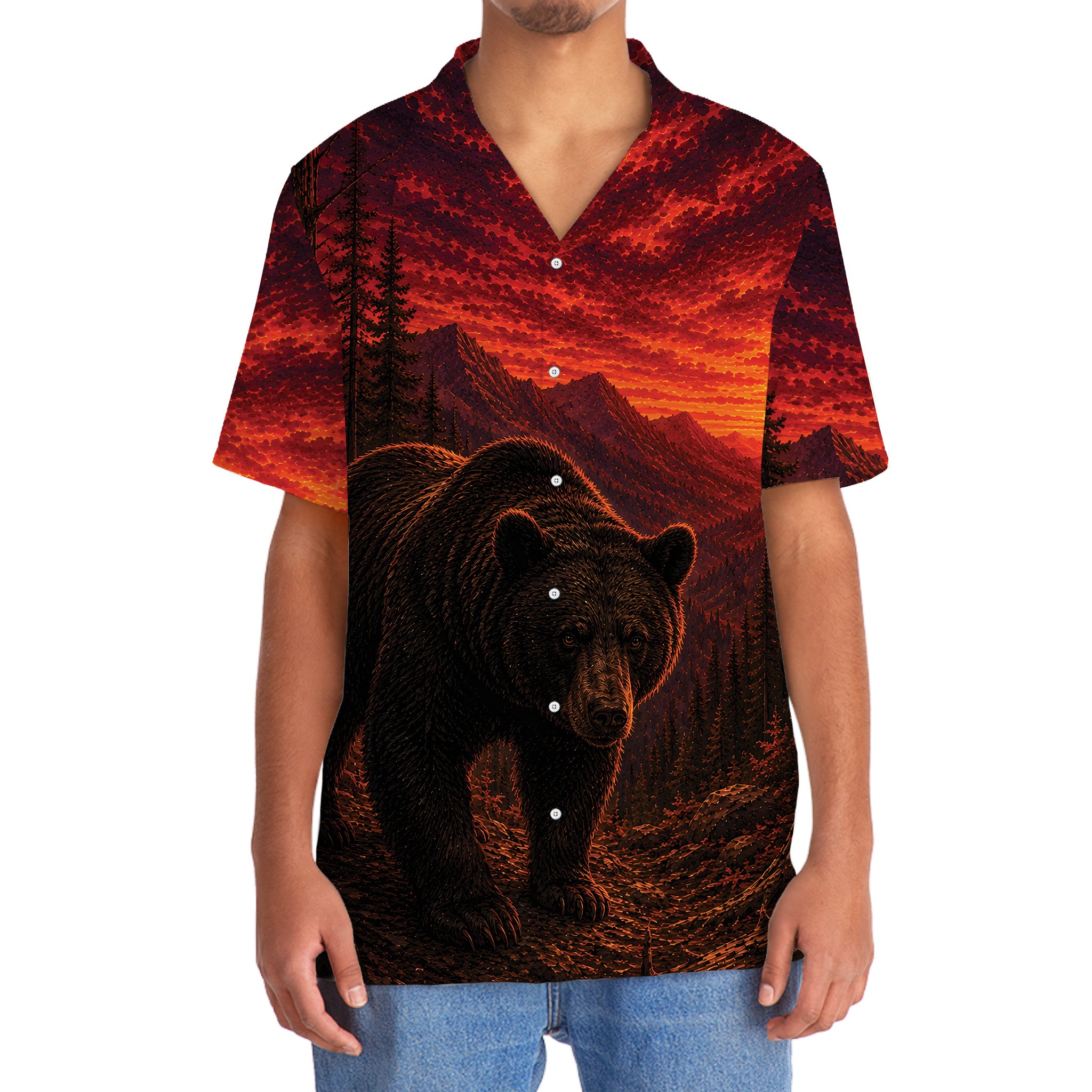 Black Bear Hunting Burnt Sky Hawaiian Shirt