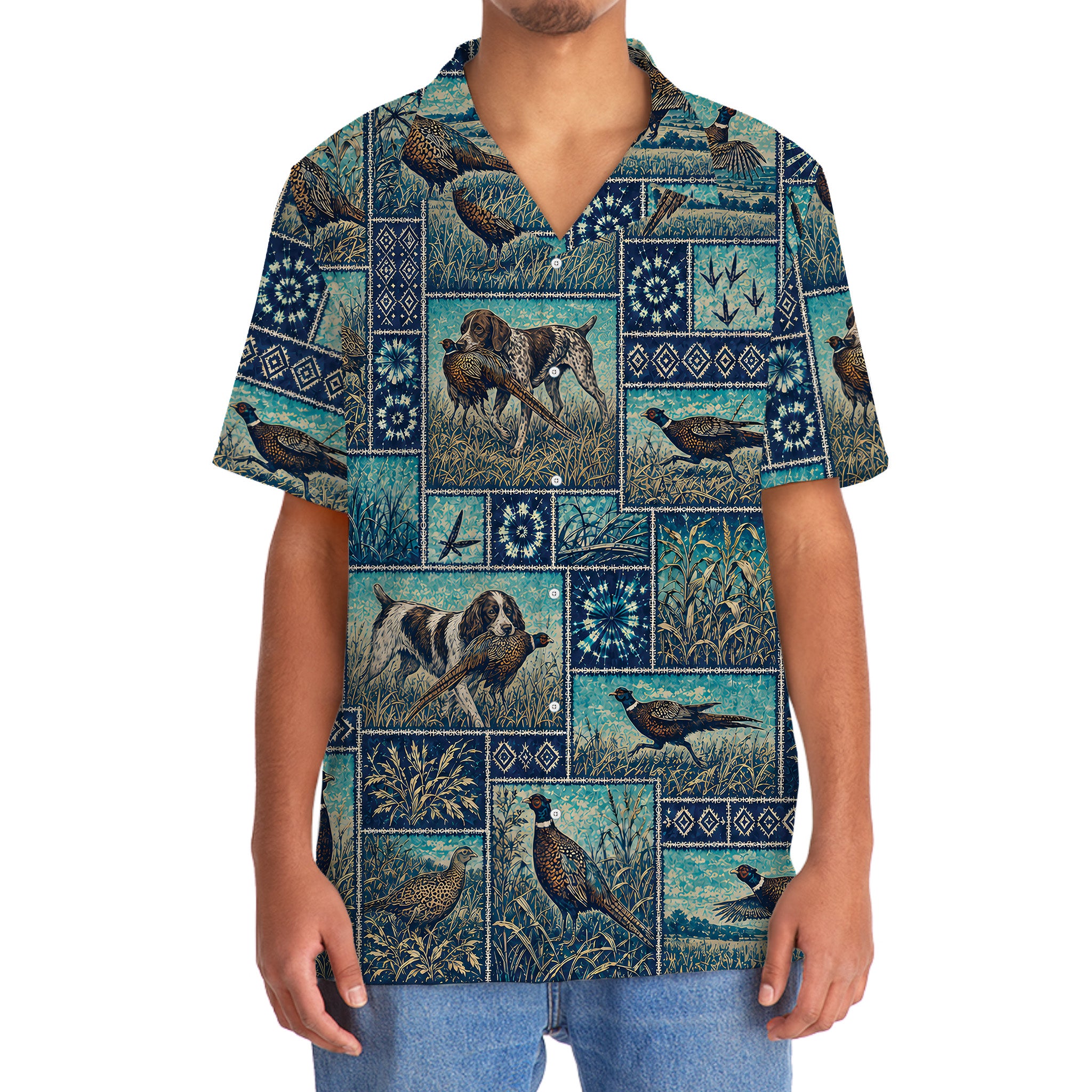Vintage Blue Pheasant Hunting Hawaiian Shirt