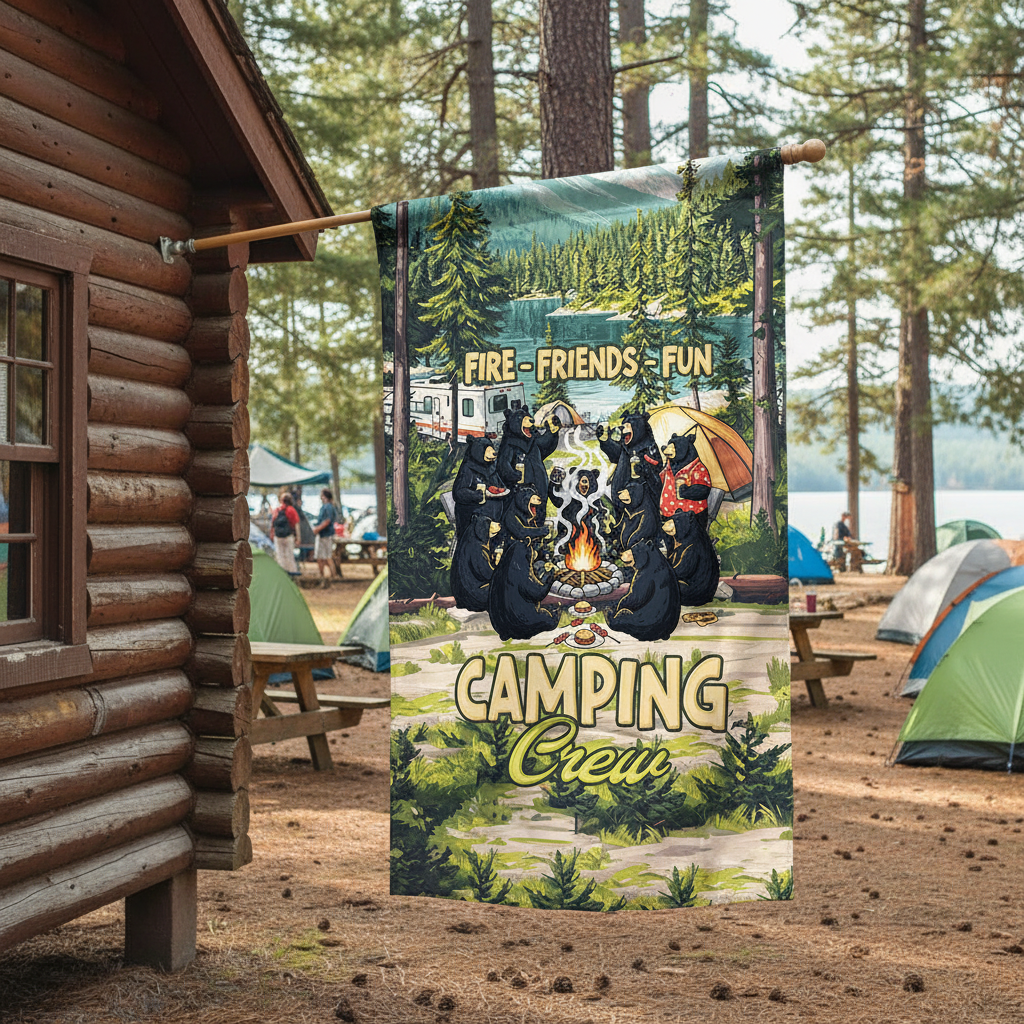Friends, Fires, Fun Camping Crew Black Bear Flag Decor