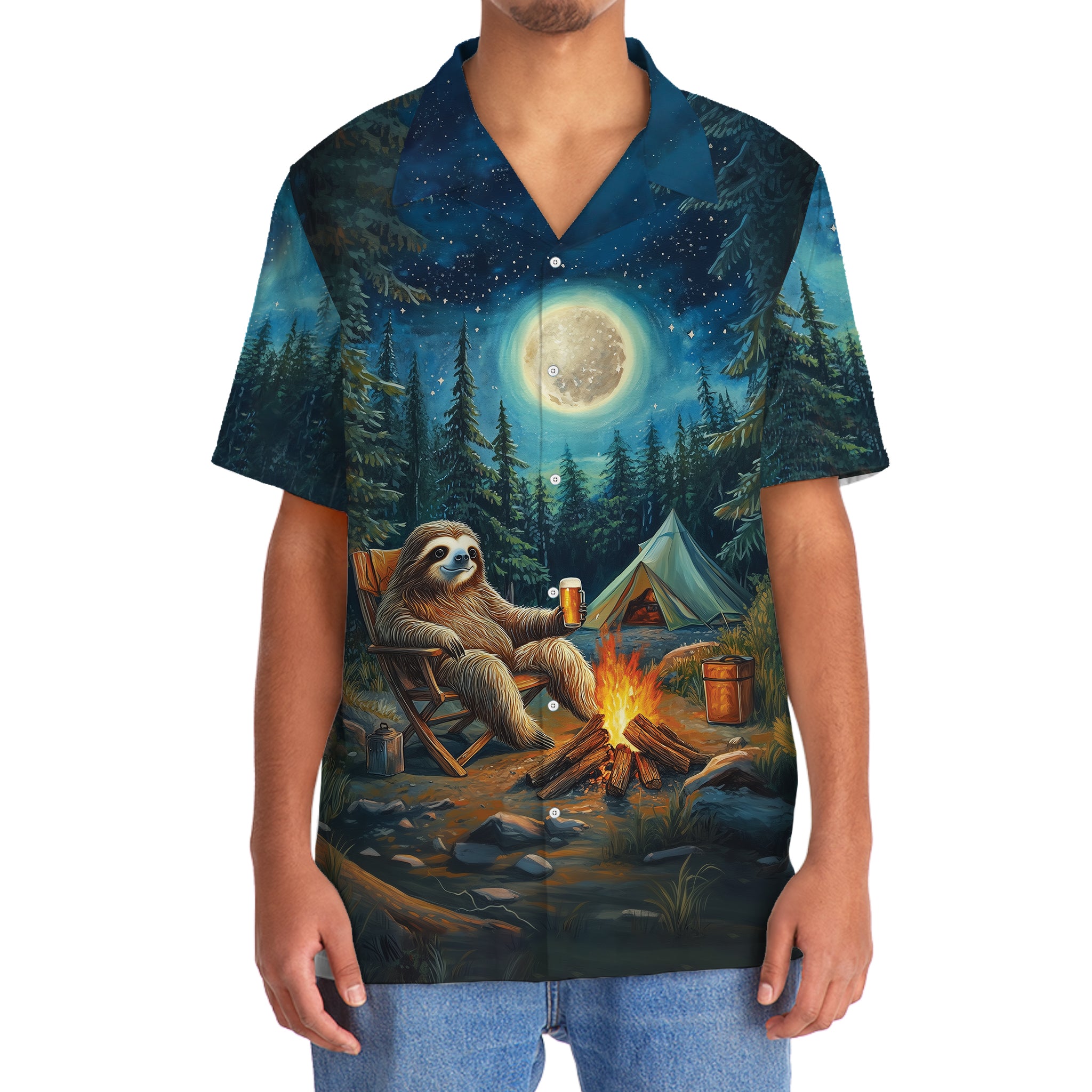 Vintage Art Sloth Camping Drinking Night Hawaiian Shirt