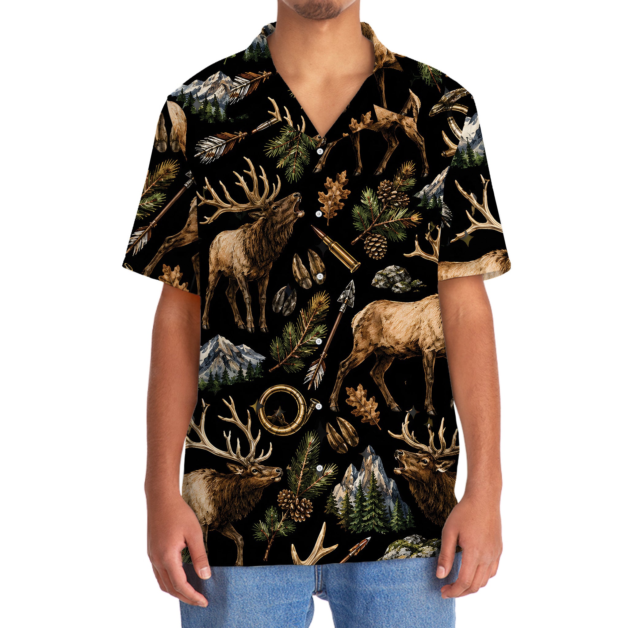 Elk Hunting Retro Black Hawaiian Shirt