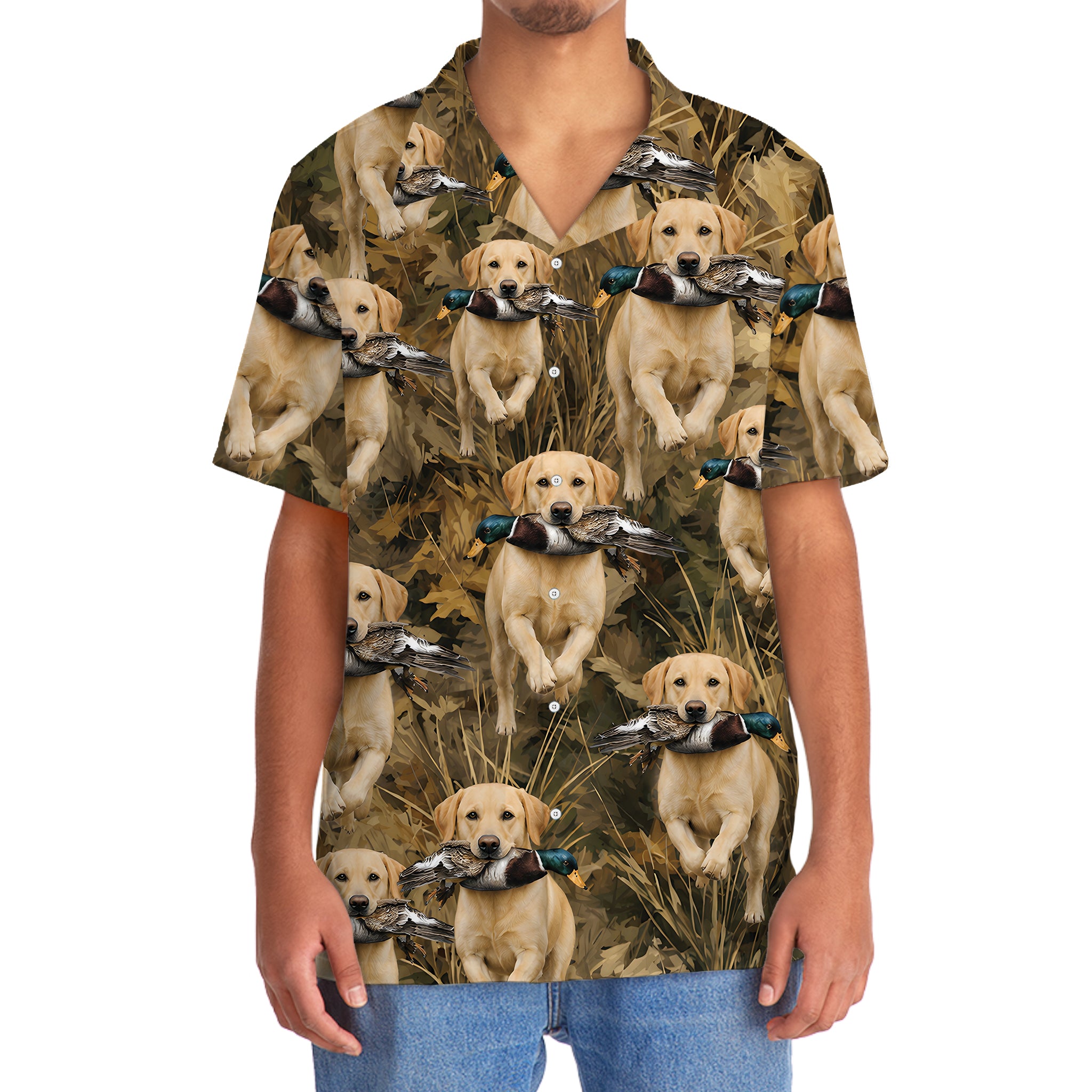 Camouflage Yellow Labrador Retriever Running With Mallard Duck Hawaiian Shirt