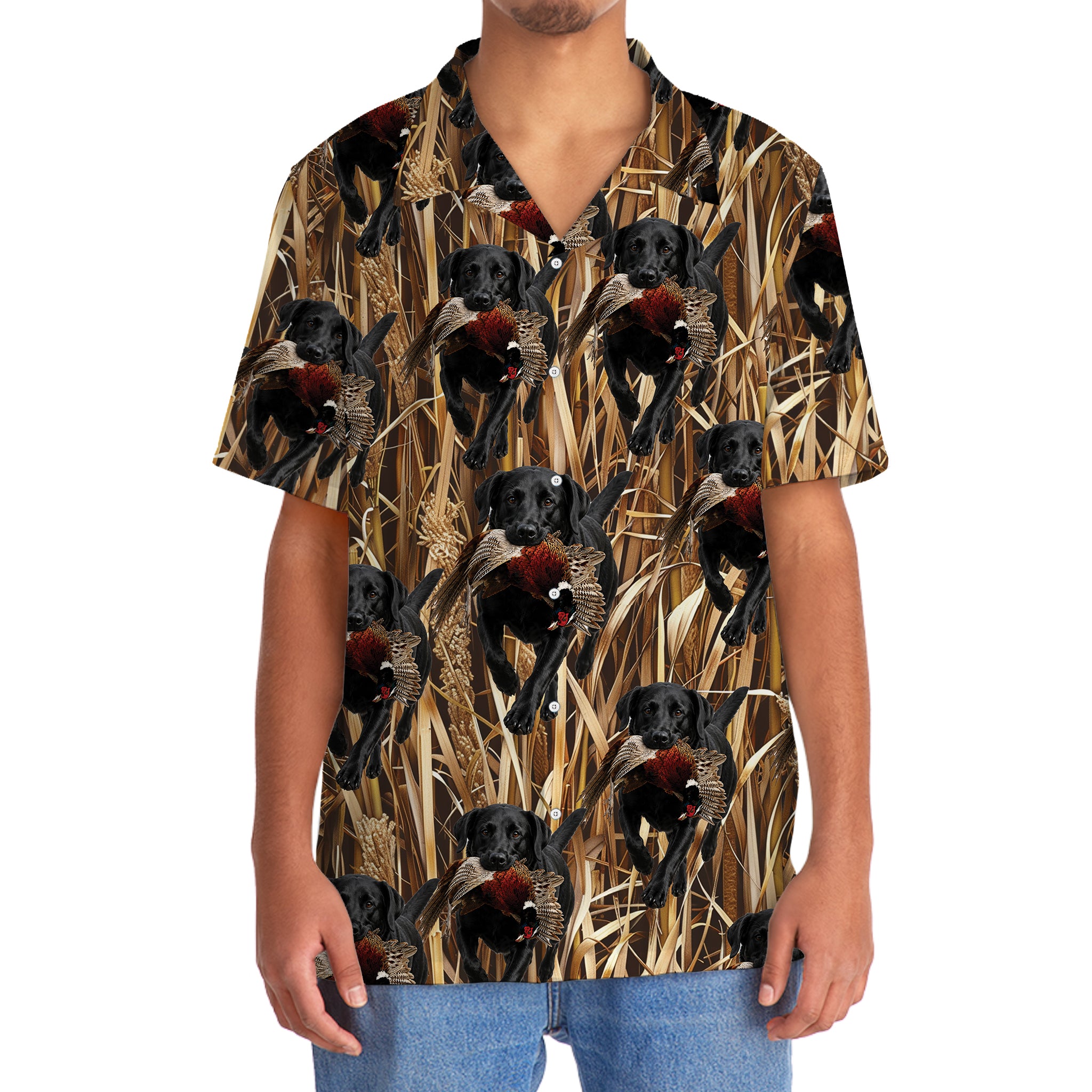 Camouflage Black Labrador Retriever Running With Wild Pheasant Hawaiian Shirt