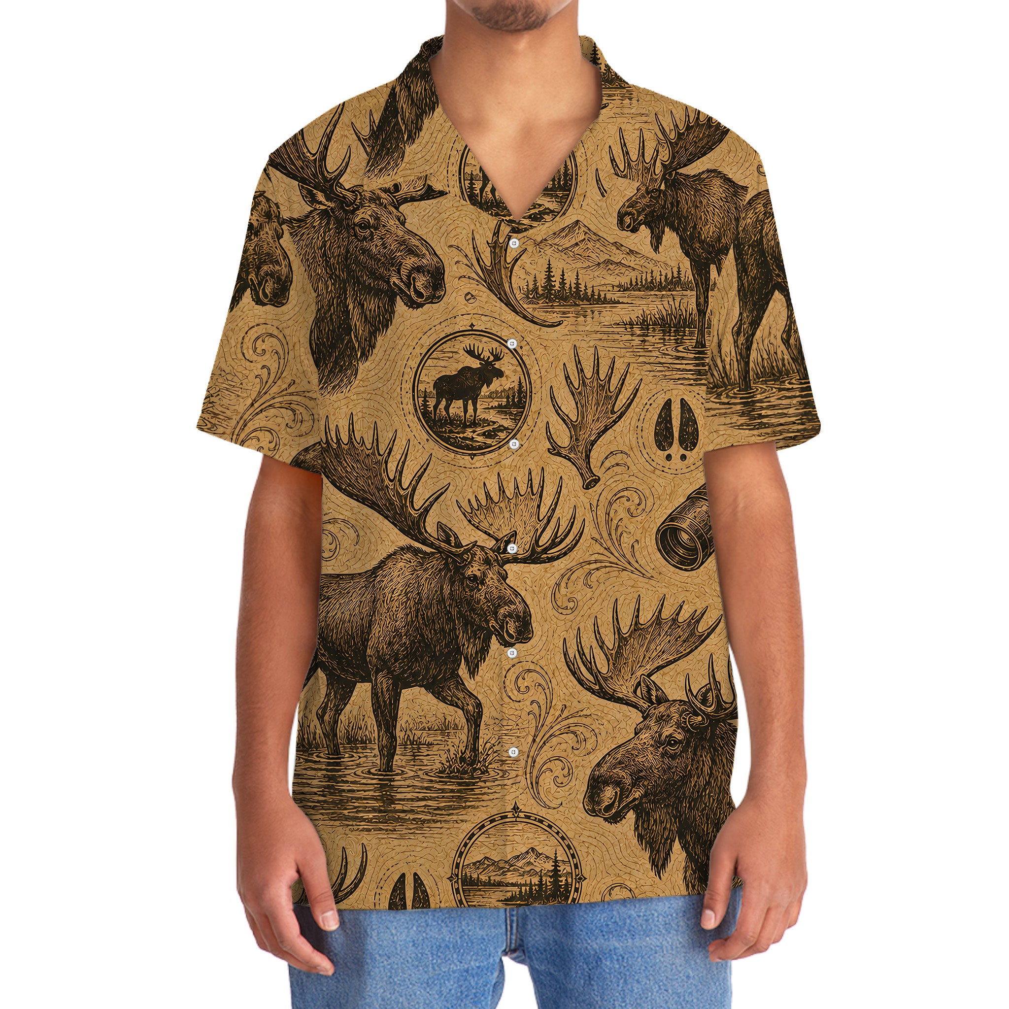 Moose Hunting Vintage Artwork Hawaiian Shirt