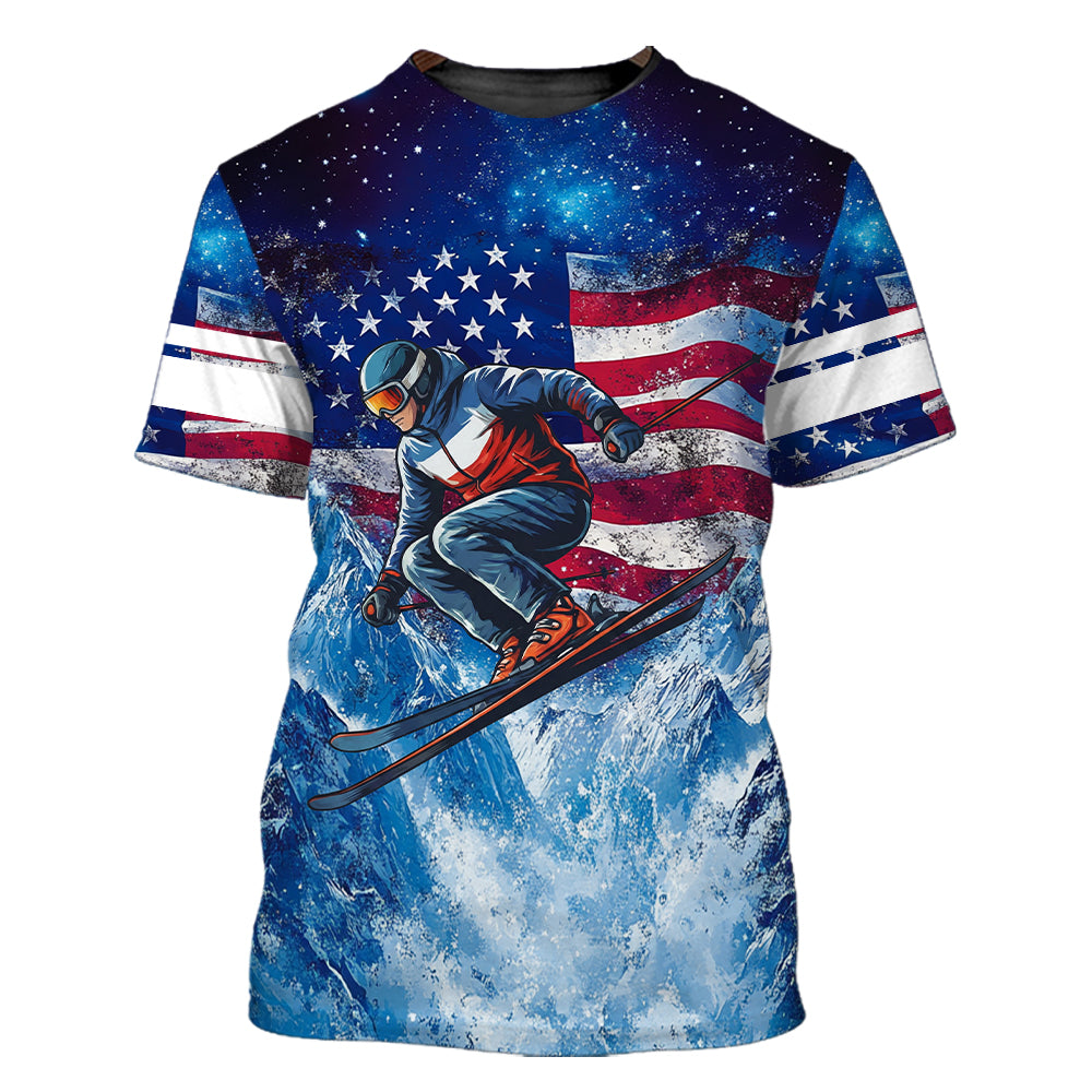 Patriotic USA Skiing Galaxy Winter All Over Print Shirt