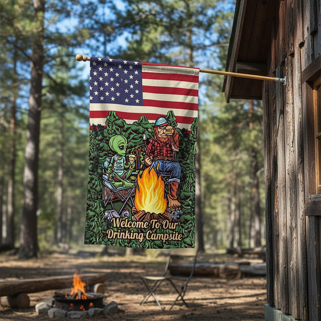 Welcome To Our Drinking Campsite Alien Bigfoot Camping Flag Decor