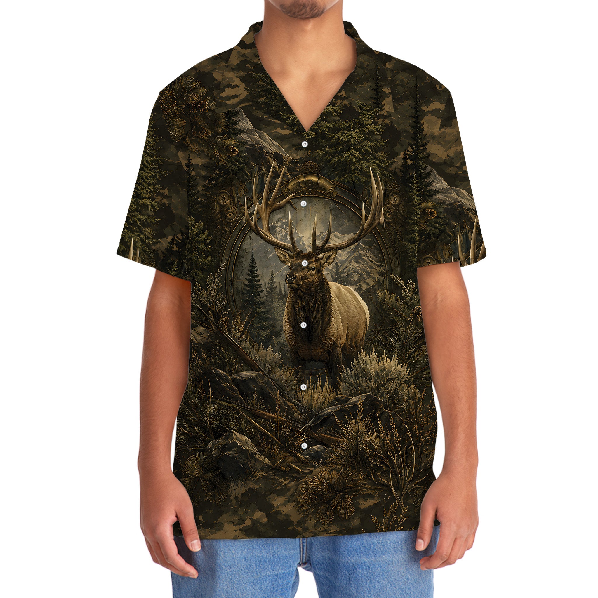 Elk Hunting Dark Camo Hawaiian Shirt