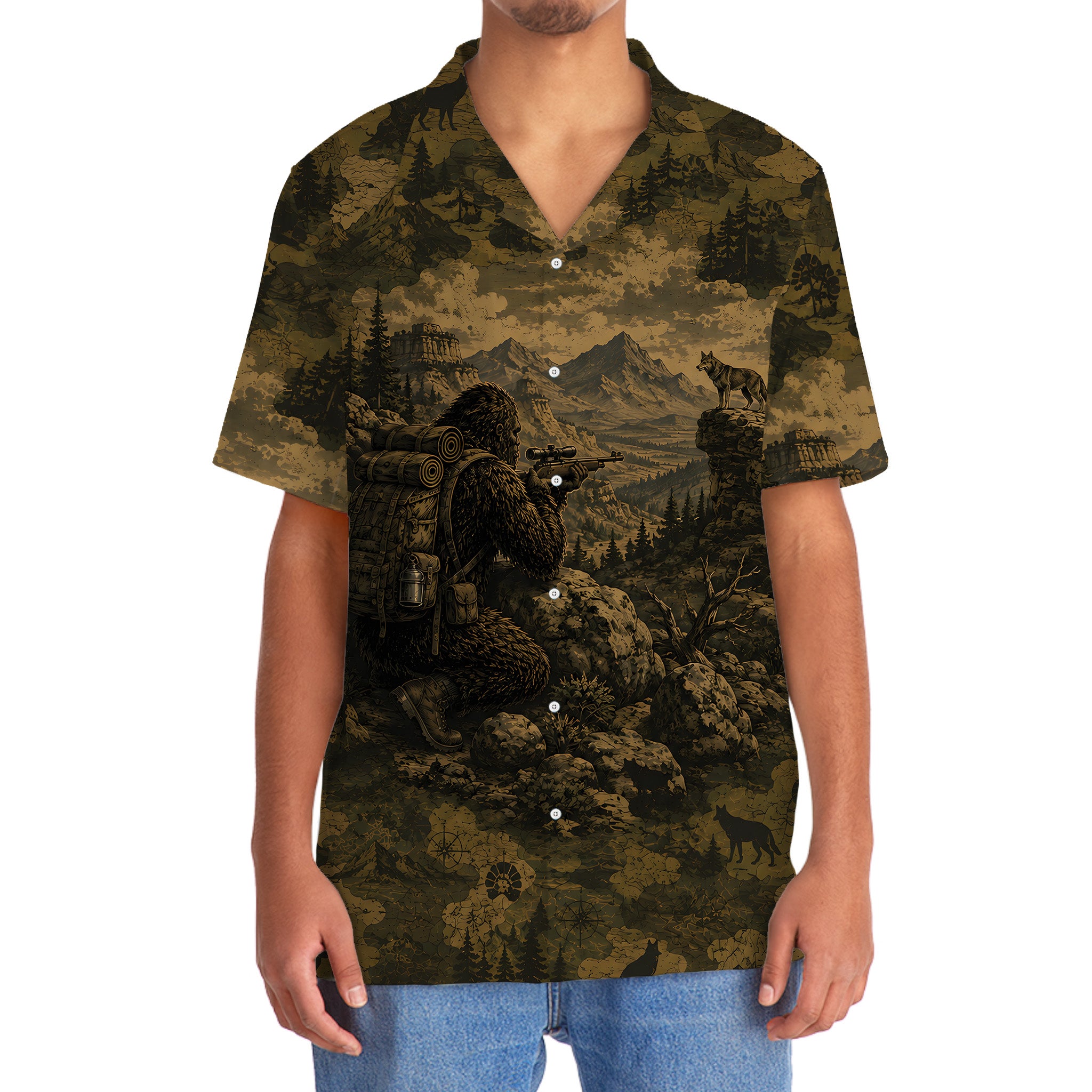 Bigfoot Coyote Hunting Camouflage Funny Hawaiian Shirt