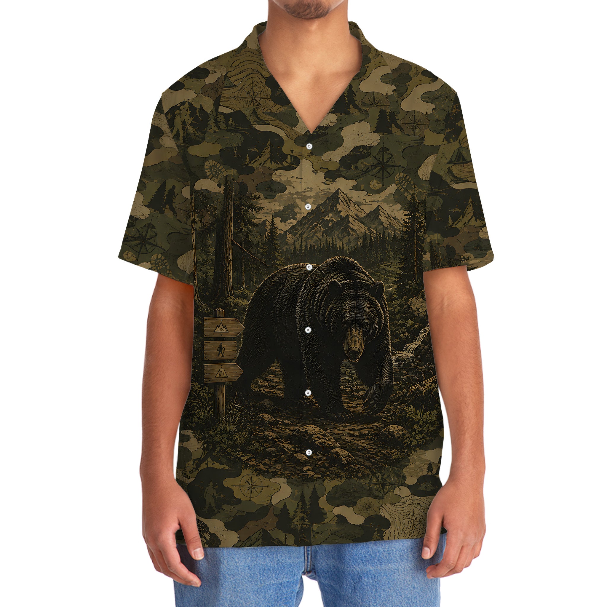 Black Bear Forest Camouflage Dark Hawaiian Shirt