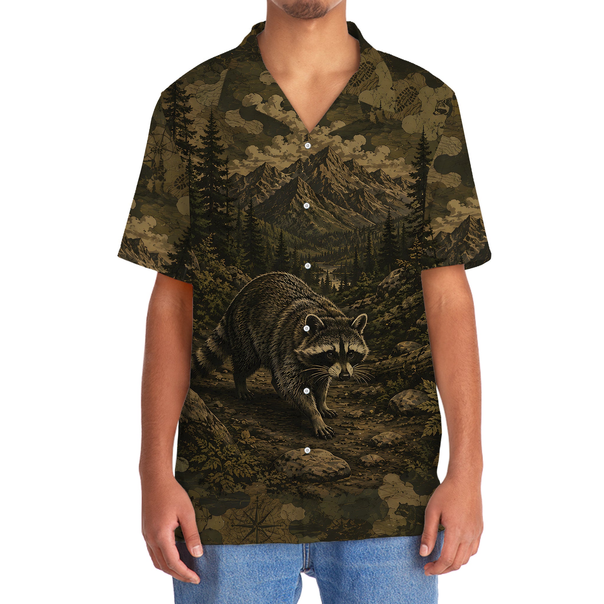 Raccoon Forest Camouflage Dark Hawaiian Shirt