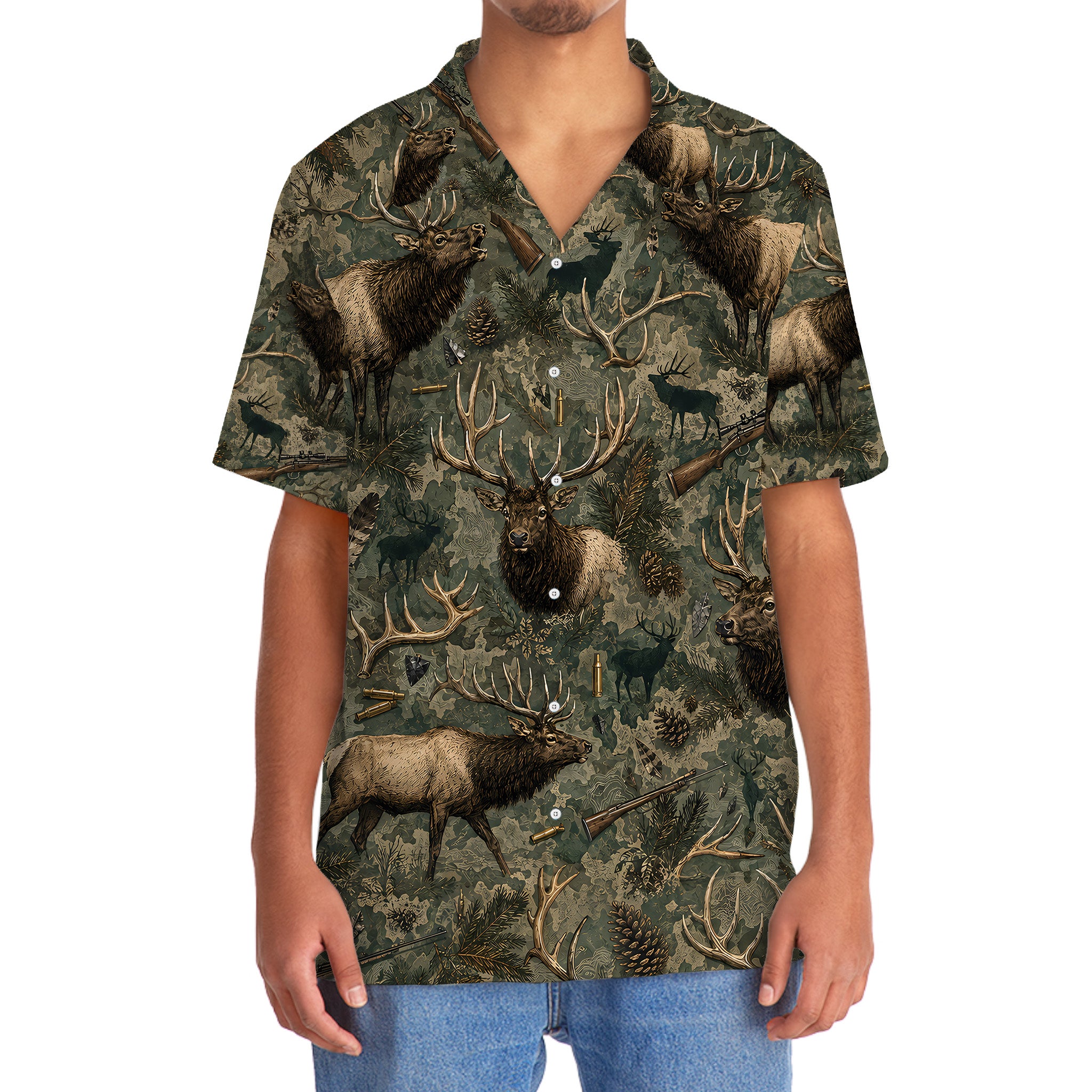 Vintage Elk Hunter Camo Hawaiian Shirt
