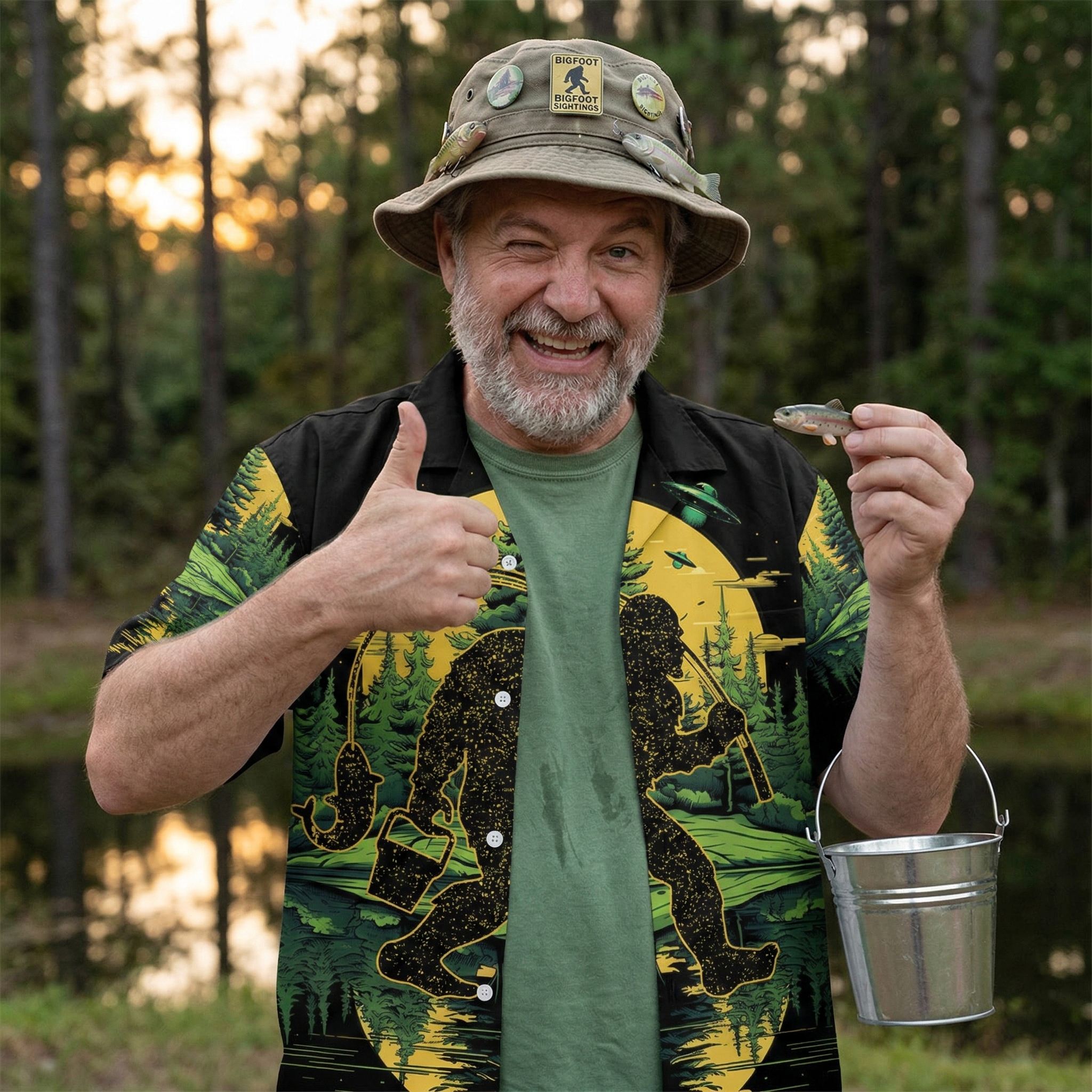 Bigfoot Fishing Green Alien Forest Hawaiian Shirt