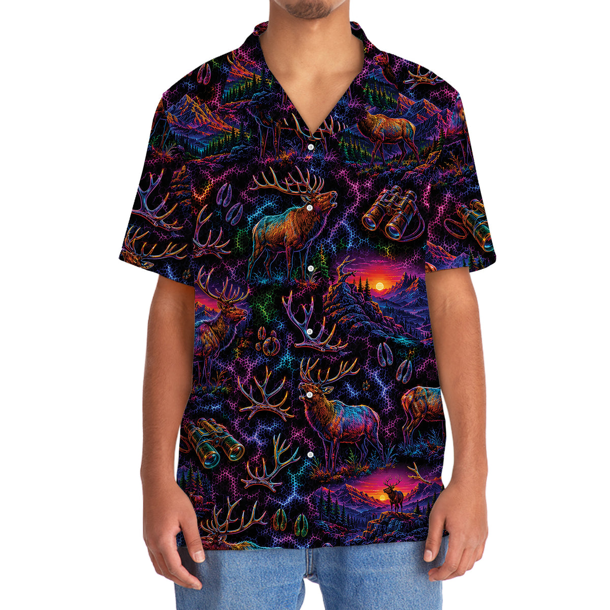 Midnight Elk Hunting Neon Hawaiian Shirt