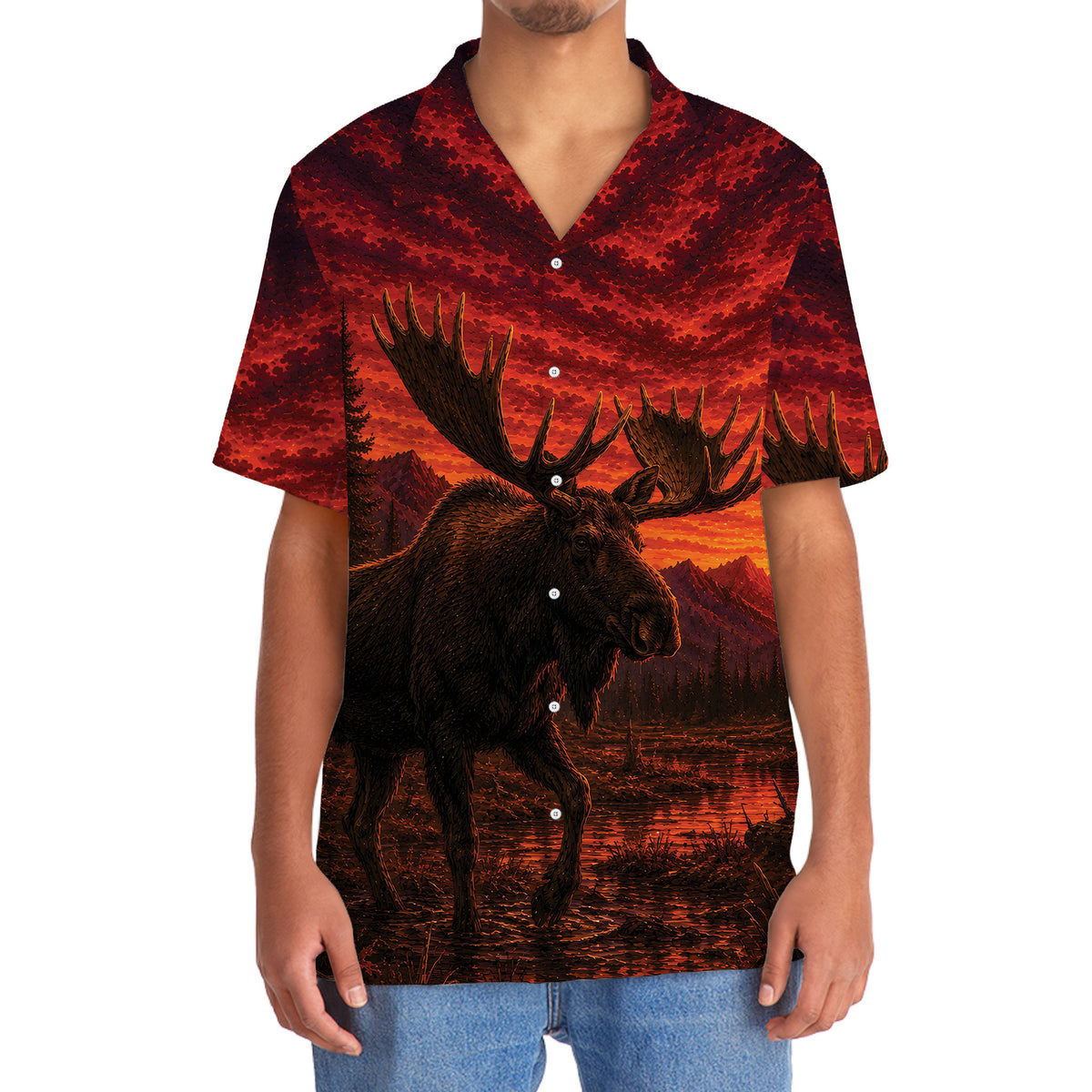 Moose Hunting Burnt Sky Hawaiian Shirt