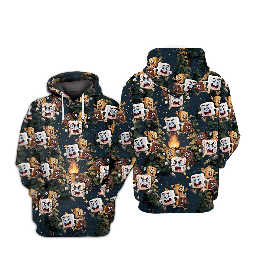 Chocolate and Cracker Chasing Marshmallow Camping All Over Print Shirt
